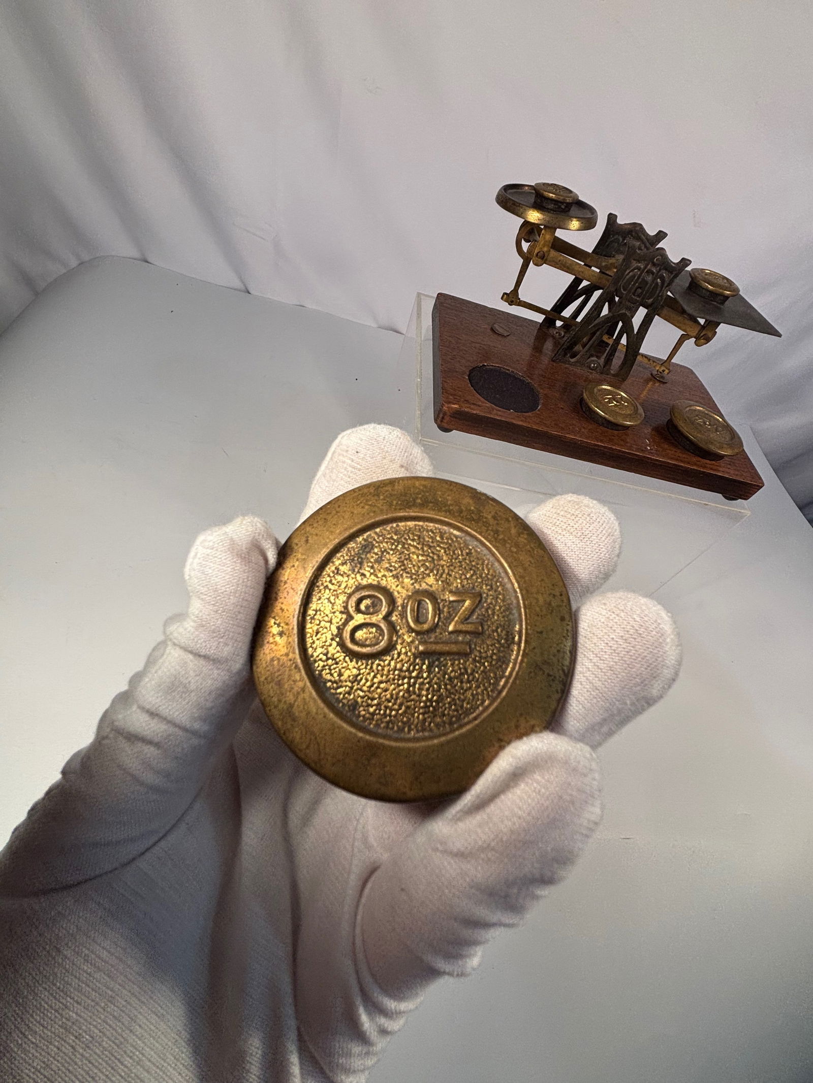 Antique Brass Balance Scale with Nested Weights on Wooden Base - 2
