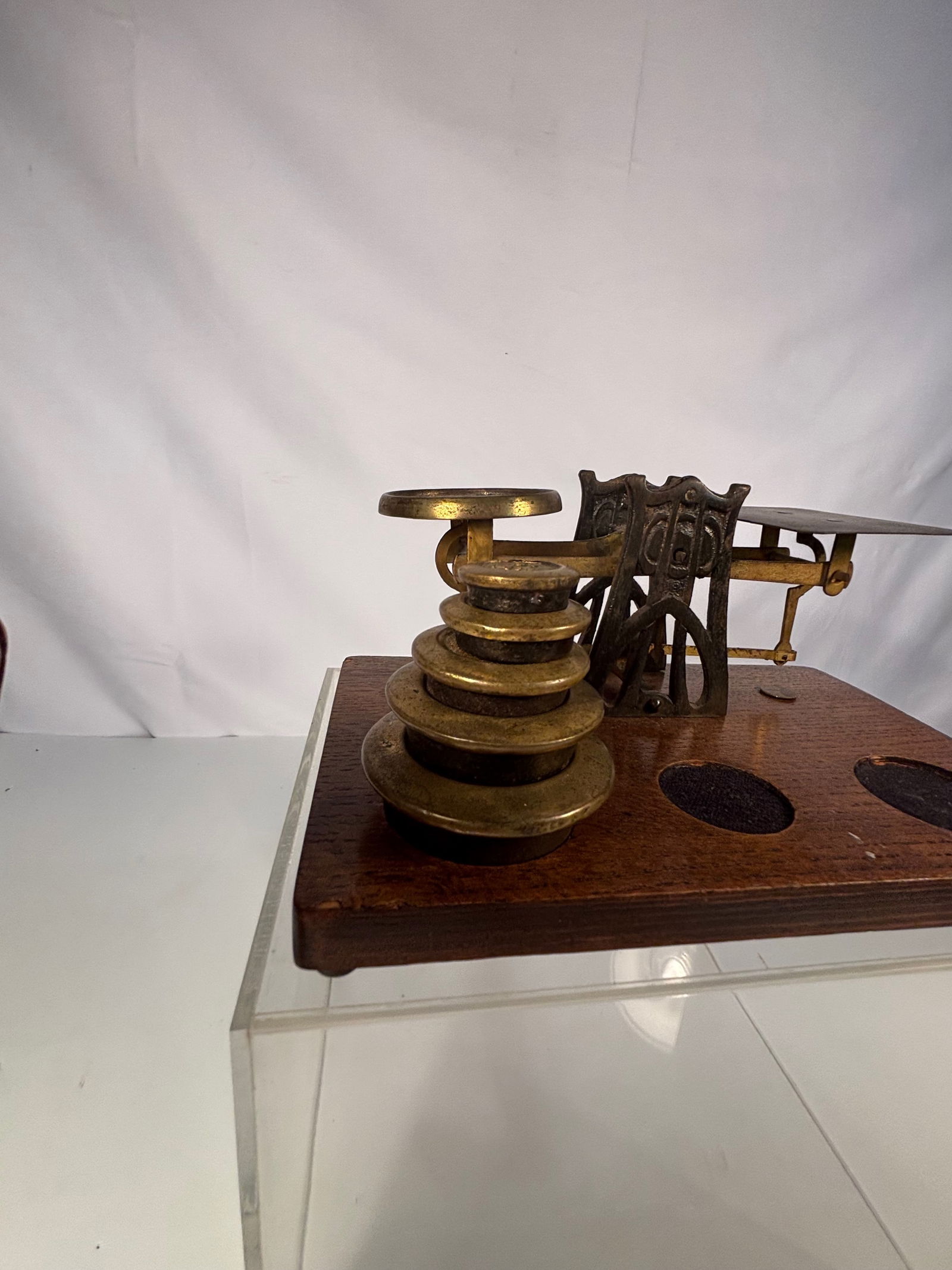 Antique Brass Balance Scale with Nested Weights on Wooden Base - 3