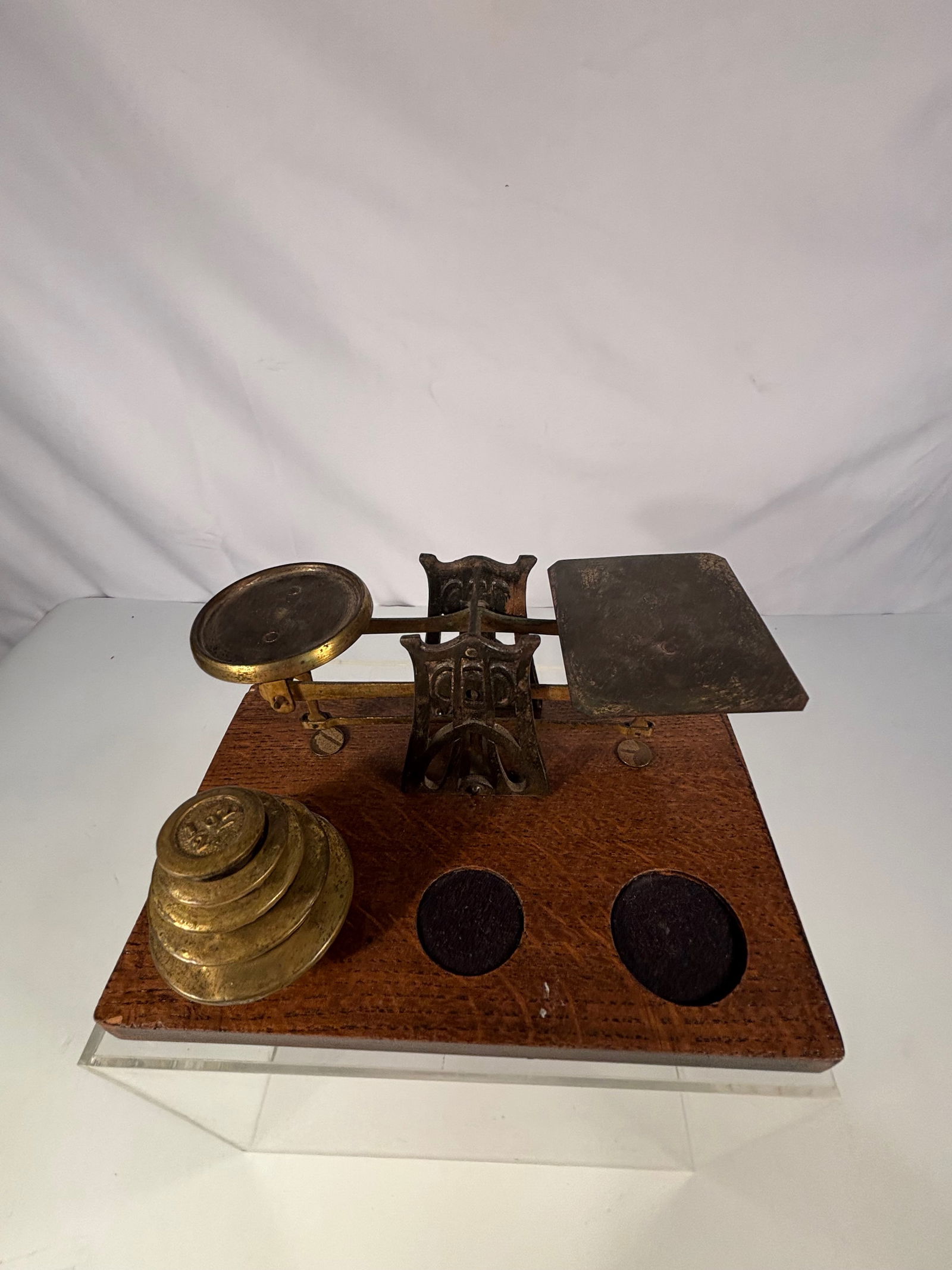 Antique Brass Balance Scale with Nested Weights on Wooden Base - 4
