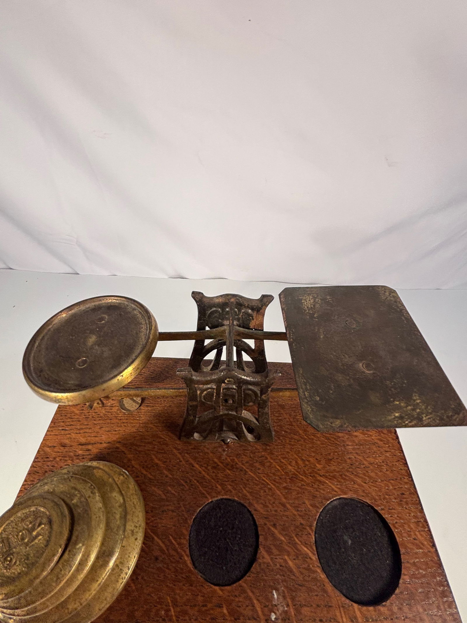 Antique Brass Balance Scale with Nested Weights on Wooden Base - 5