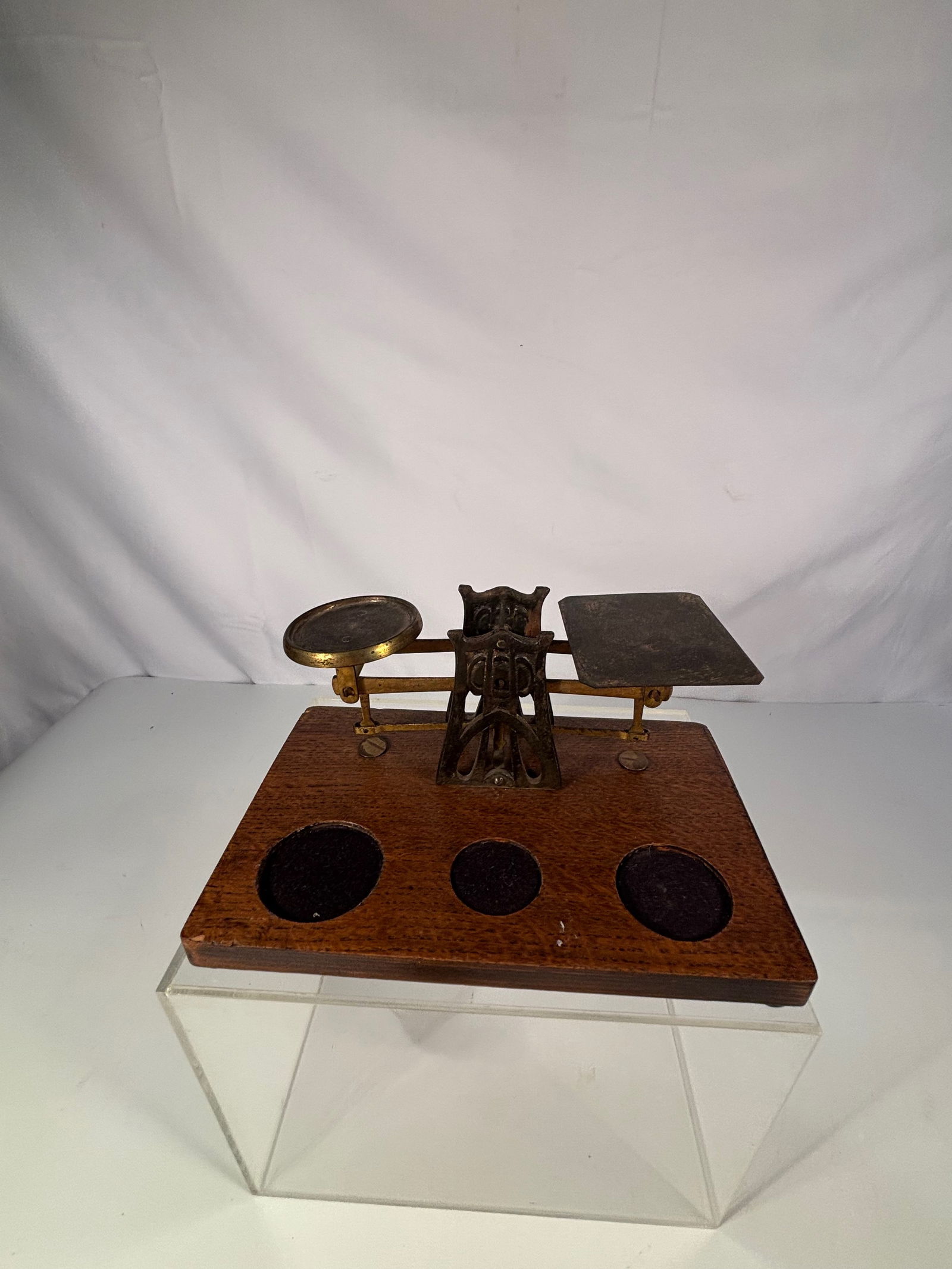 Antique Brass Balance Scale with Nested Weights on Wooden Base - 6