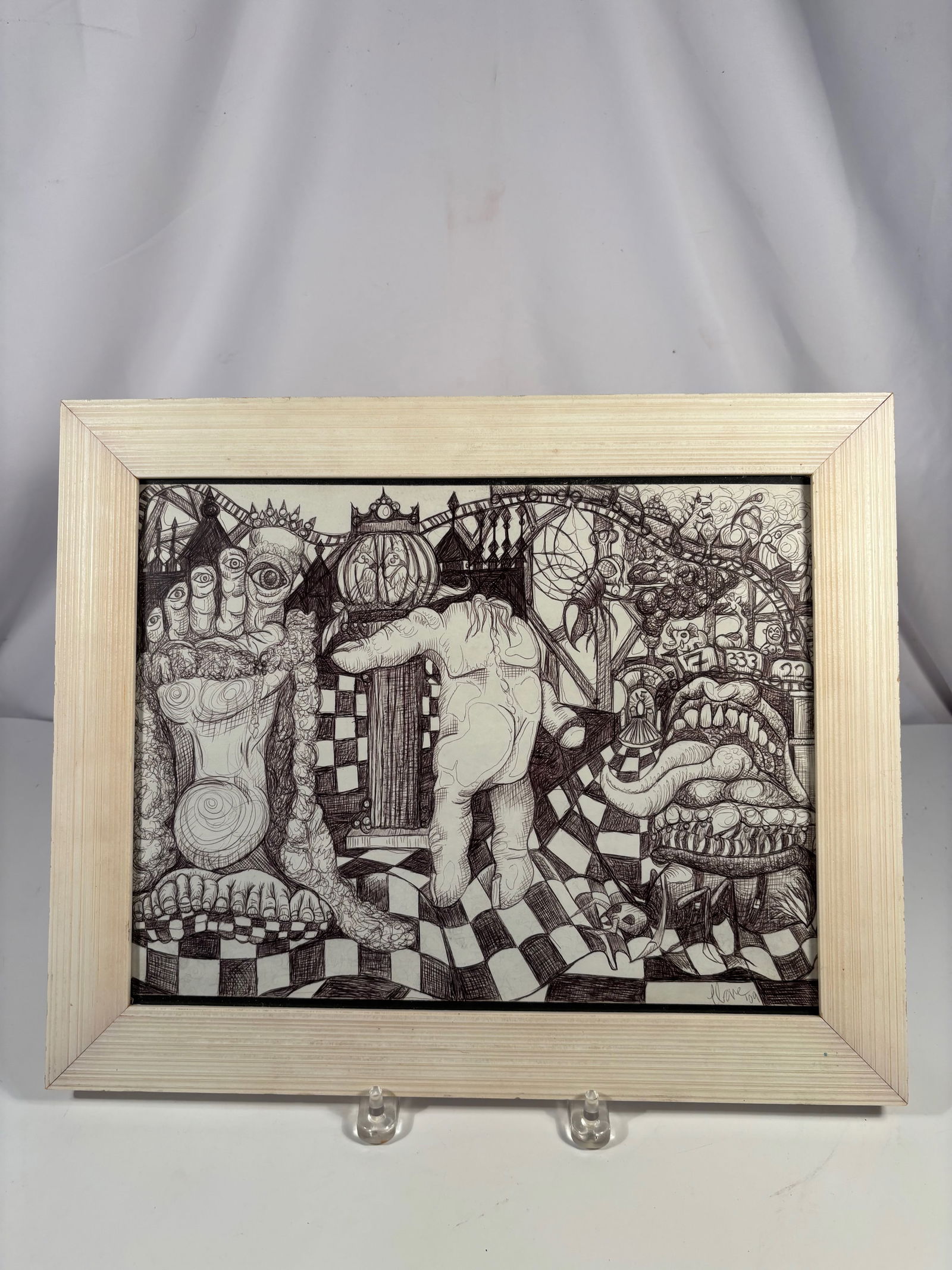 A Contemporary Pen and Ink Surrealist Drawing, Signed and Dated 2009: Executed in black ink on paper, the work presents a surreal composition featuring distorted figures, checkerboard flooring,.disembodied anatomical elements, and symbolic architectural forms. Signed