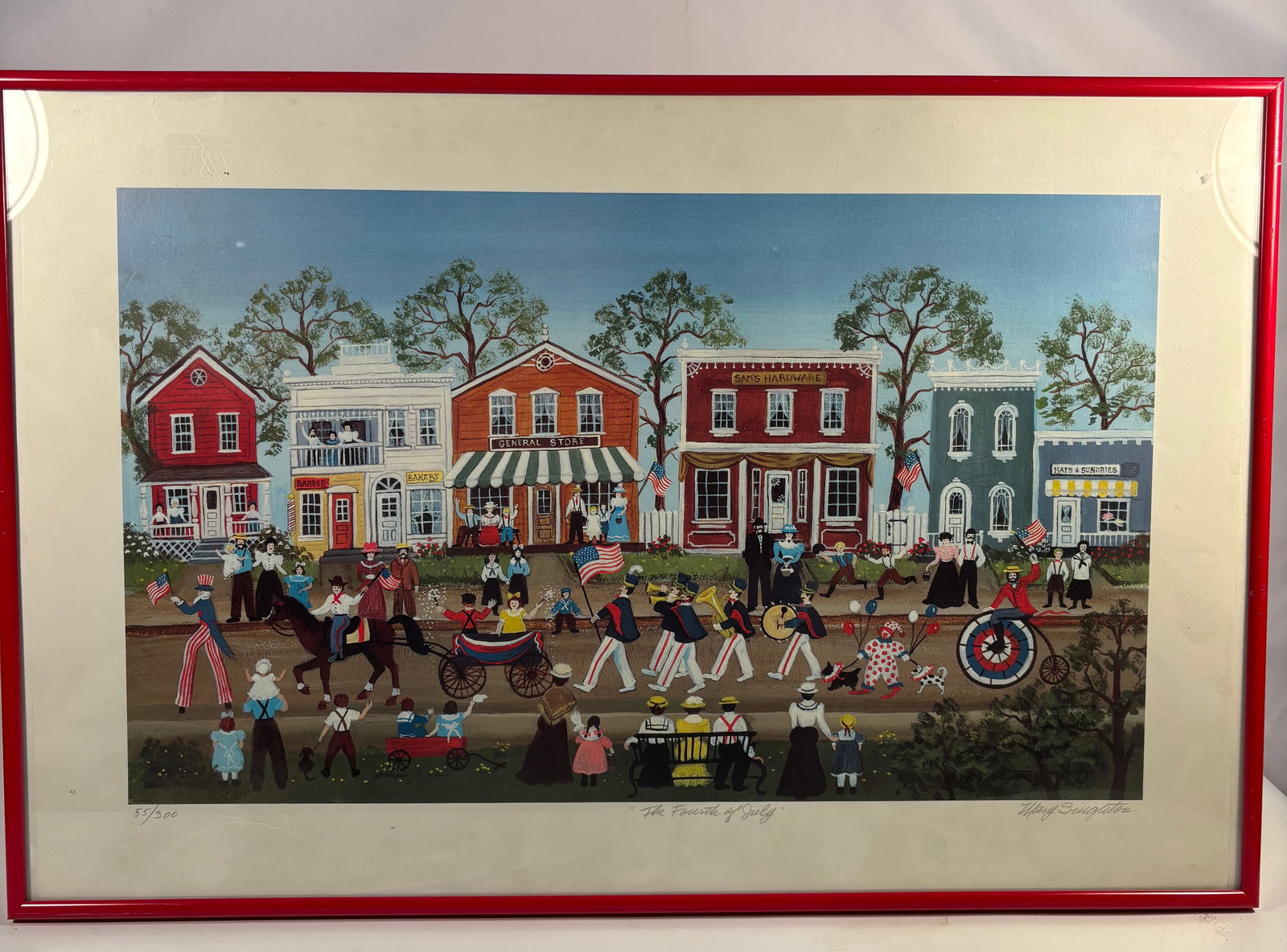 Mary Singleton (American, 20th C.) “The Fourth of July,?? 1987 Signed Limited-Edition Print: Color lithograph depicting a festive small-town Independence Day parade with marching band and spectators. Signed and dated in the plate Mary Singleton 1987 © and additionally hand-signed in pencil