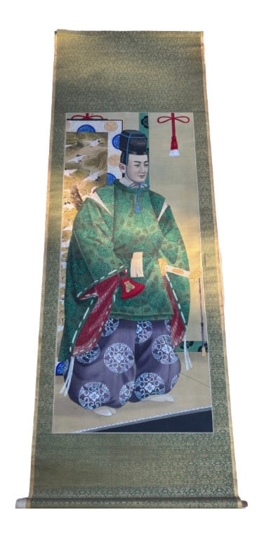 A Japanese Hand-Painted Scroll Imperail Portait Title "Statzbachi, The Last Tycoon": Meiji period (1868–1912), each exquisitely executed in ink and color on silk, mounted with brocade borders. The figure is portrayed in full court attire with elaborate kimono patterns, traditional h