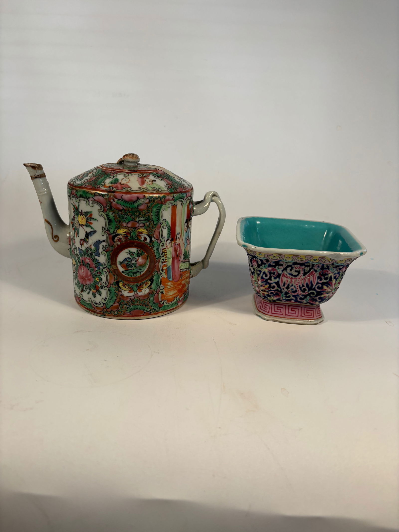Chinese Famille Rose Hexagonal Teapot & Turquoise-Glazed Cup: Qing Dynasty (1644-1912); Dimensions?Teapot Width from spout to handle: 6.25 inches. Height: 5 inches.