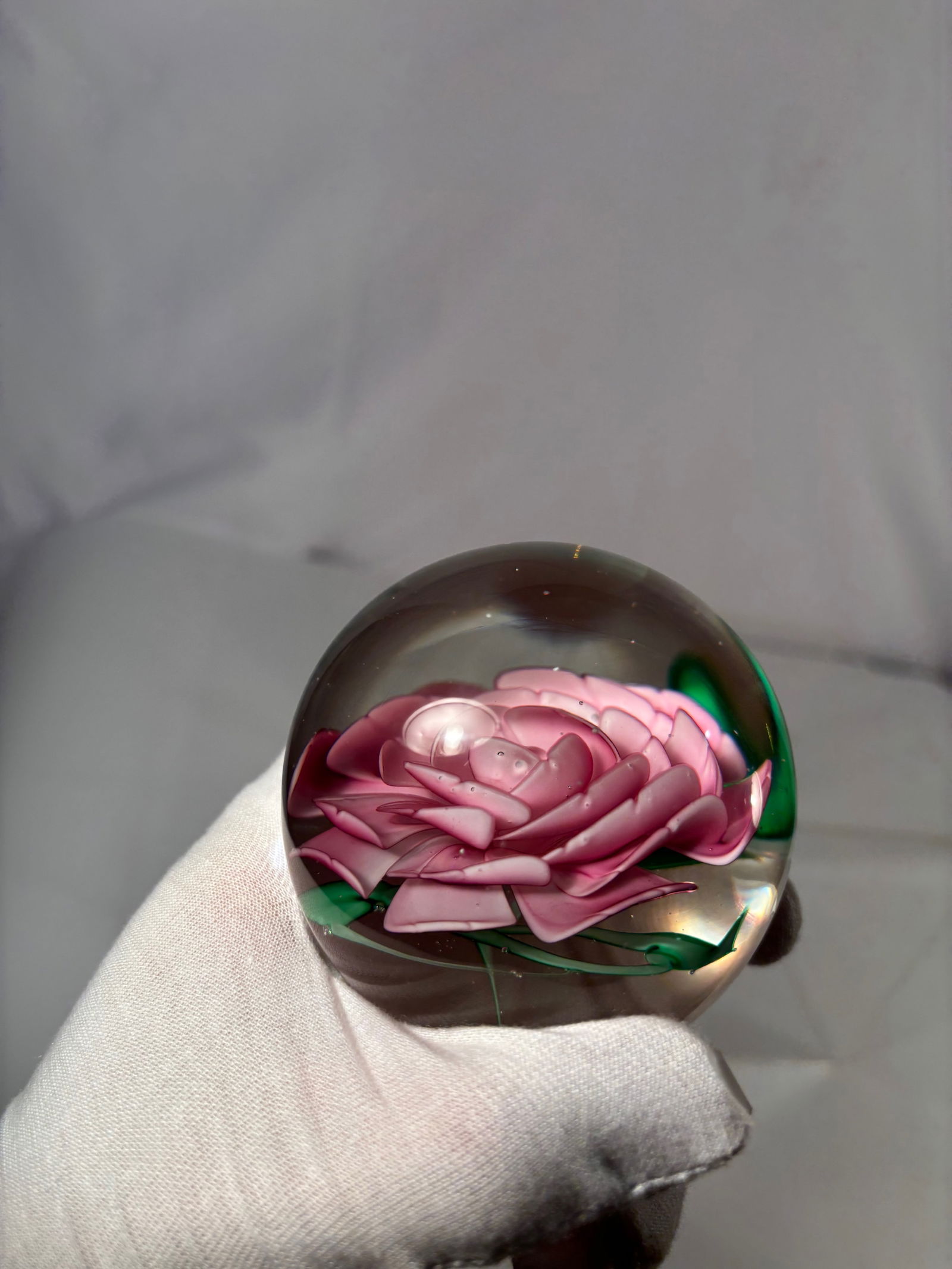 Art Glass Paperweight with Pink Rose Floral Motif - 10
