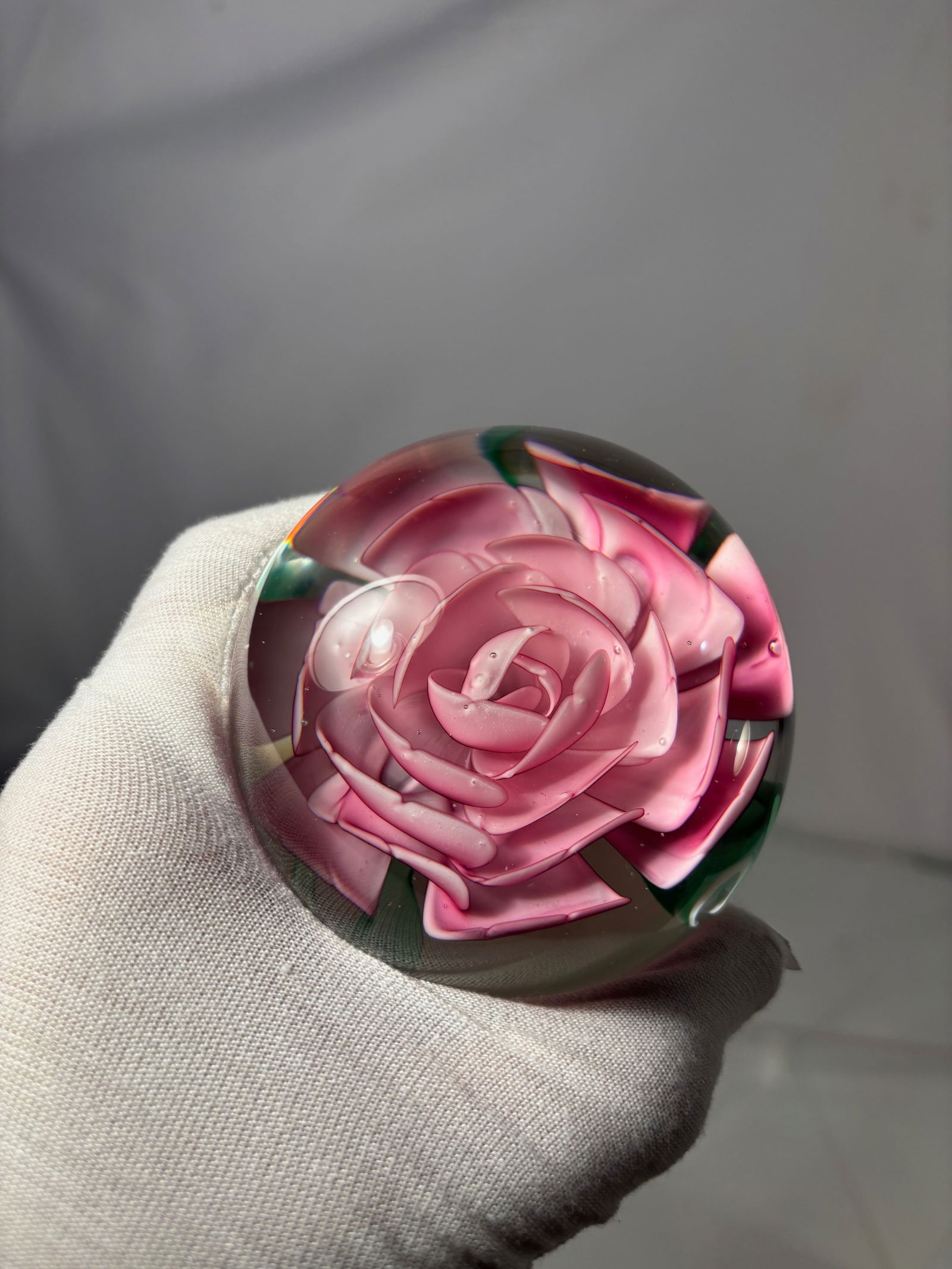 Art Glass Paperweight with Pink Rose Floral Motif - 2