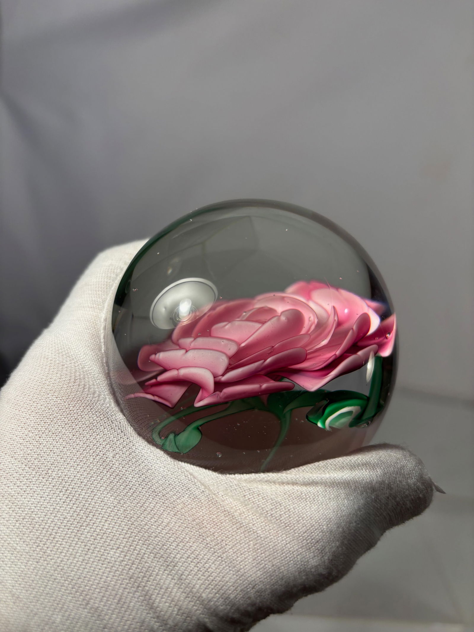 Art Glass Paperweight with Pink Rose Floral Motif - 3