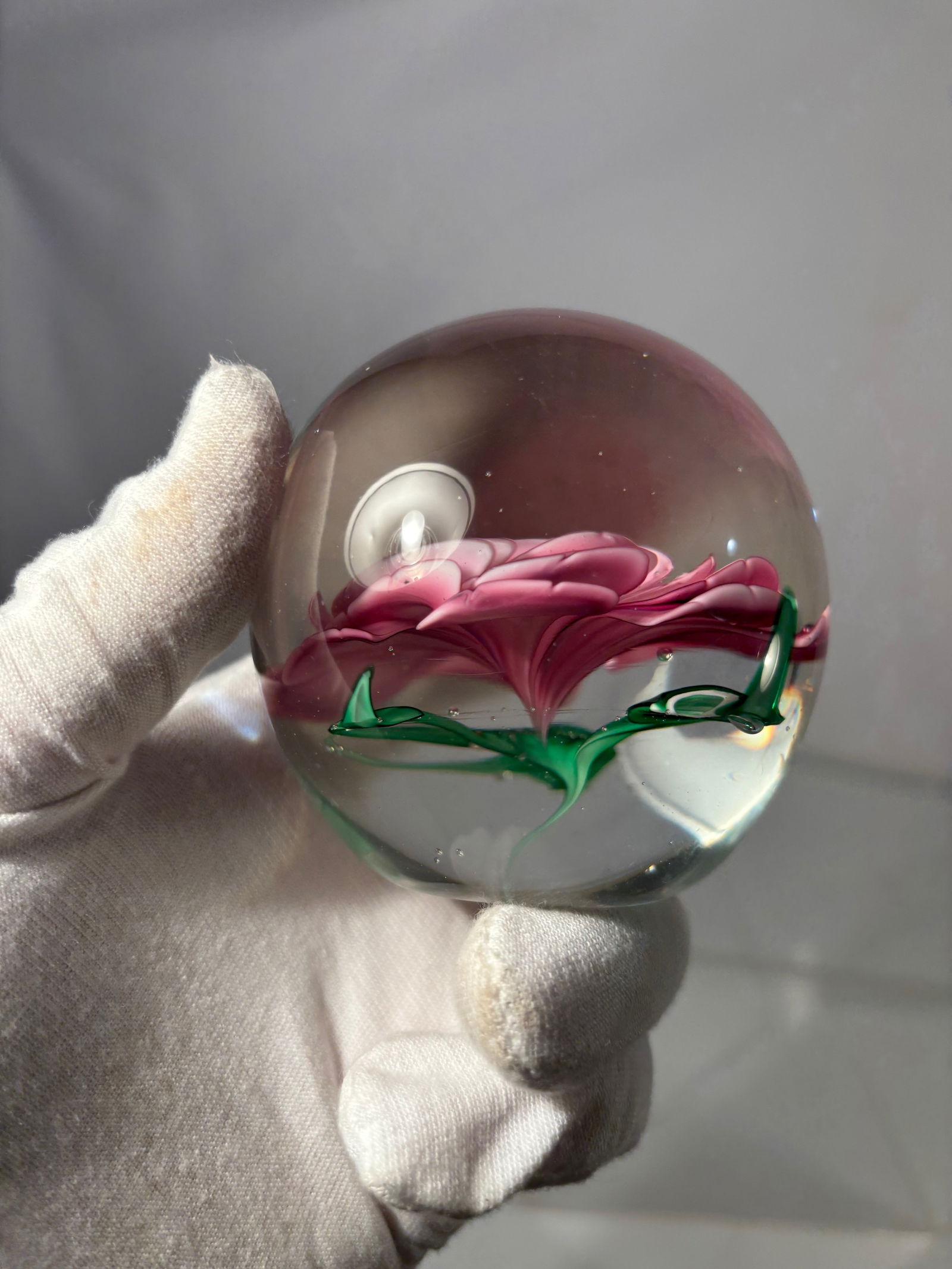 Art Glass Paperweight with Pink Rose Floral Motif - 4