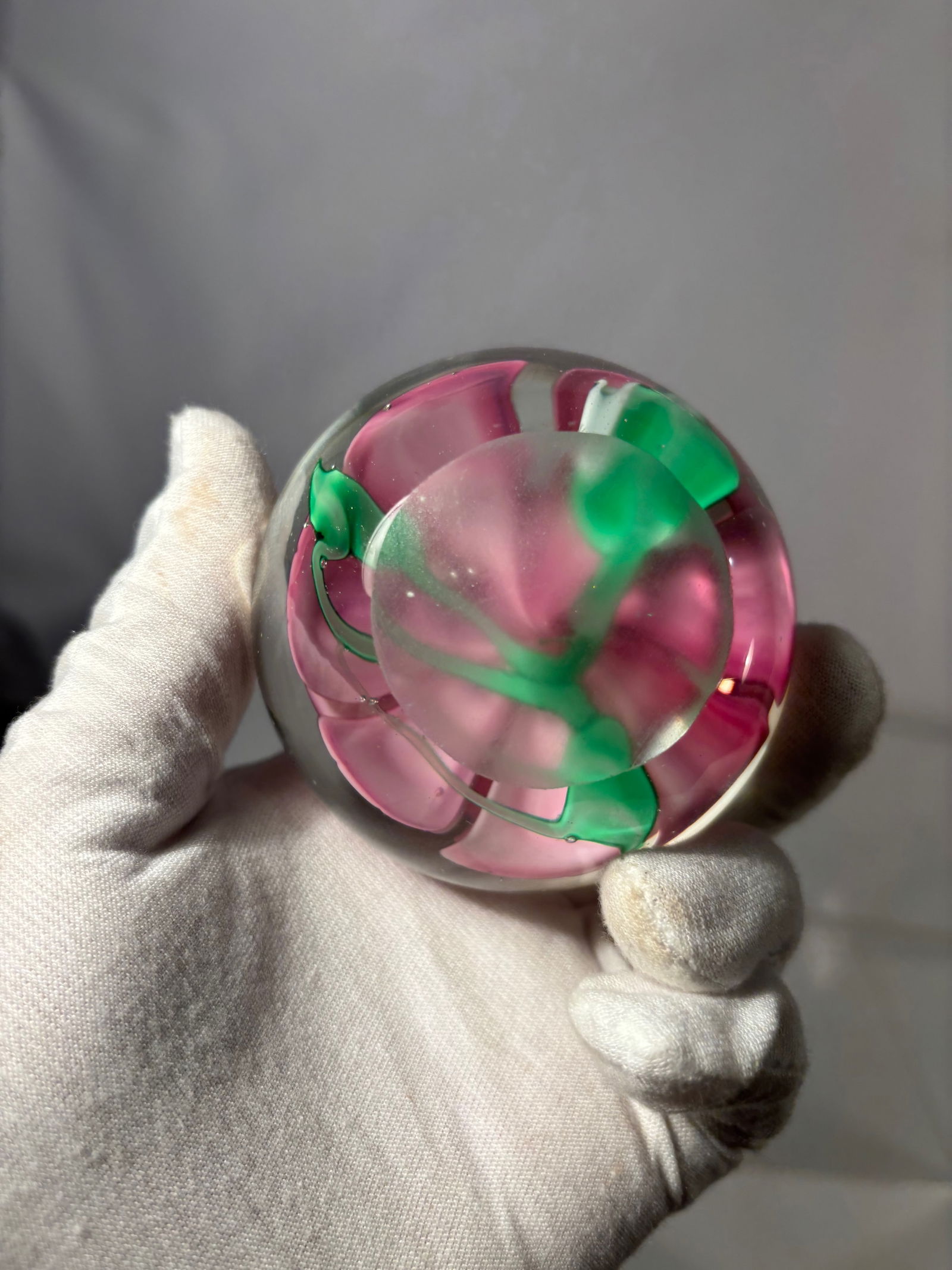 Art Glass Paperweight with Pink Rose Floral Motif - 5