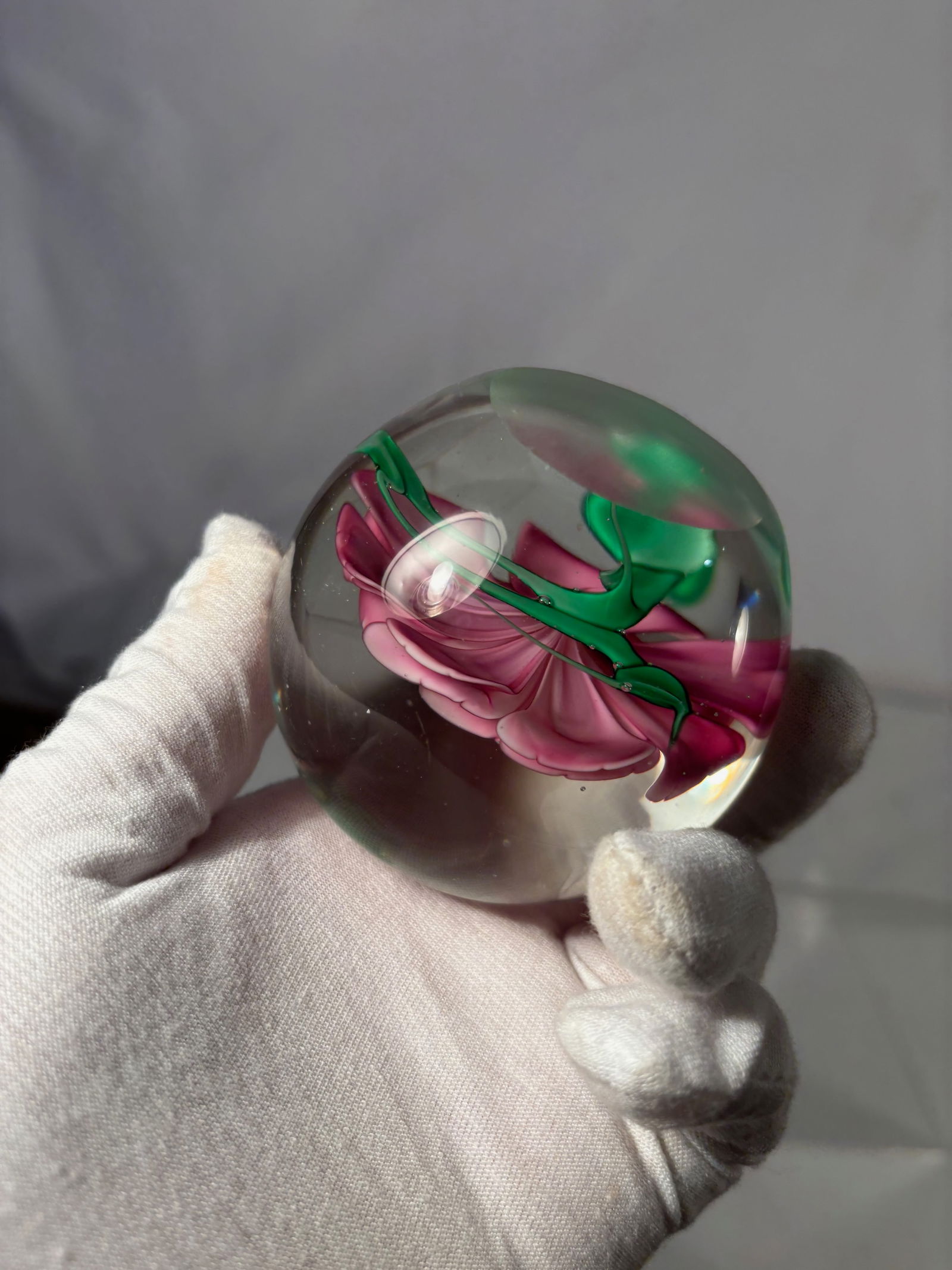 Art Glass Paperweight with Pink Rose Floral Motif - 6