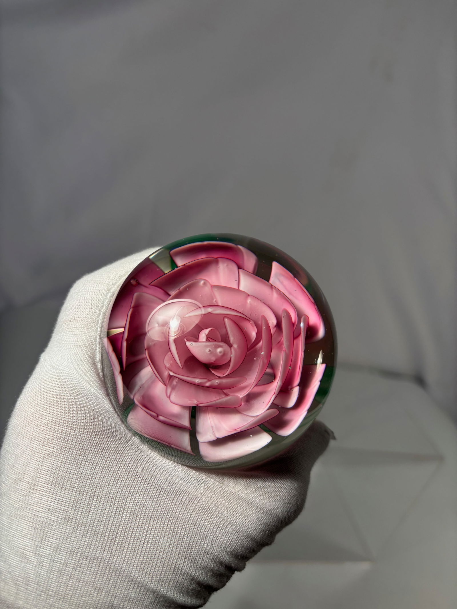 Art Glass Paperweight with Pink Rose Floral Motif - 7