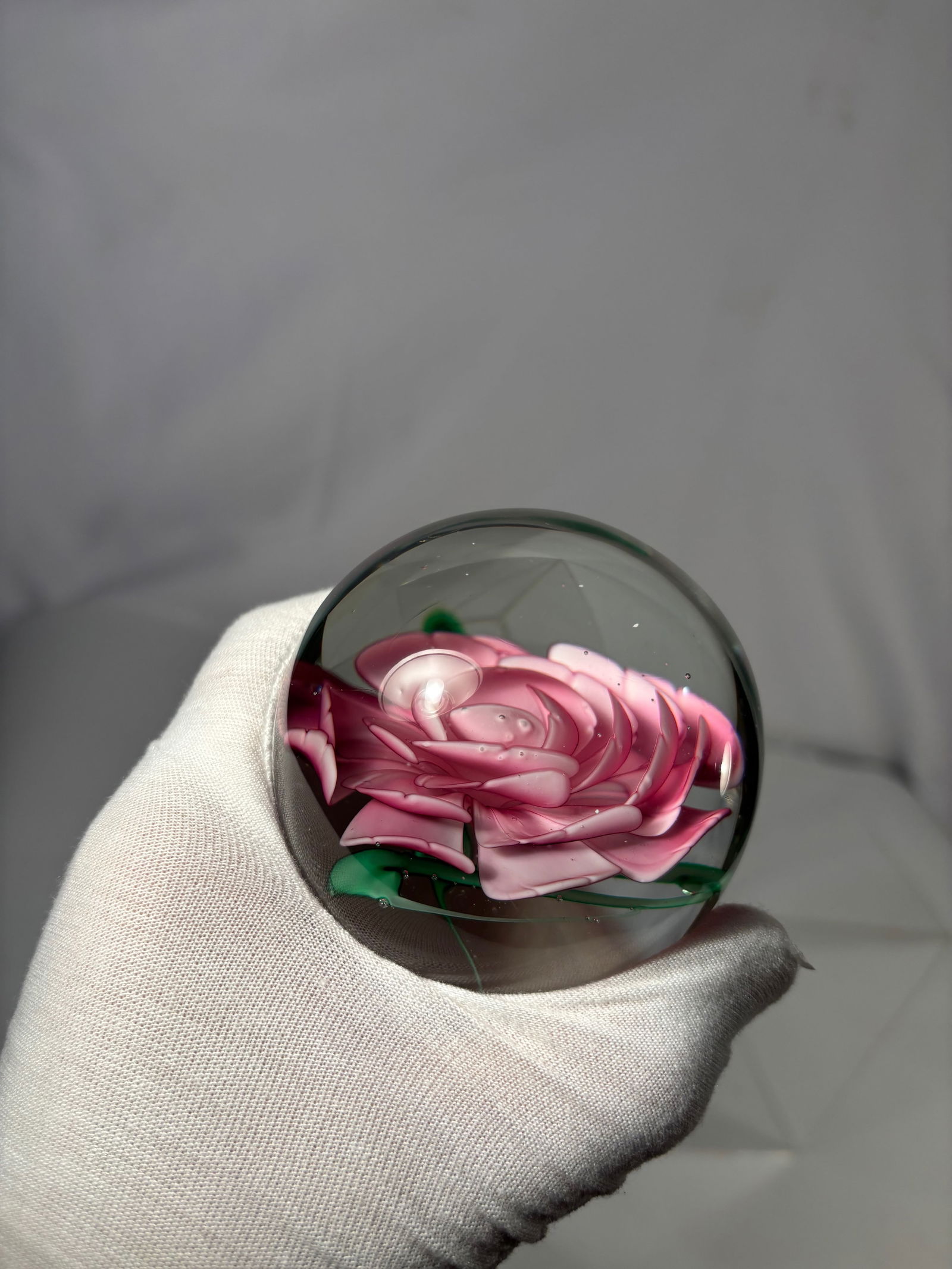 Art Glass Paperweight with Pink Rose Floral Motif - 8