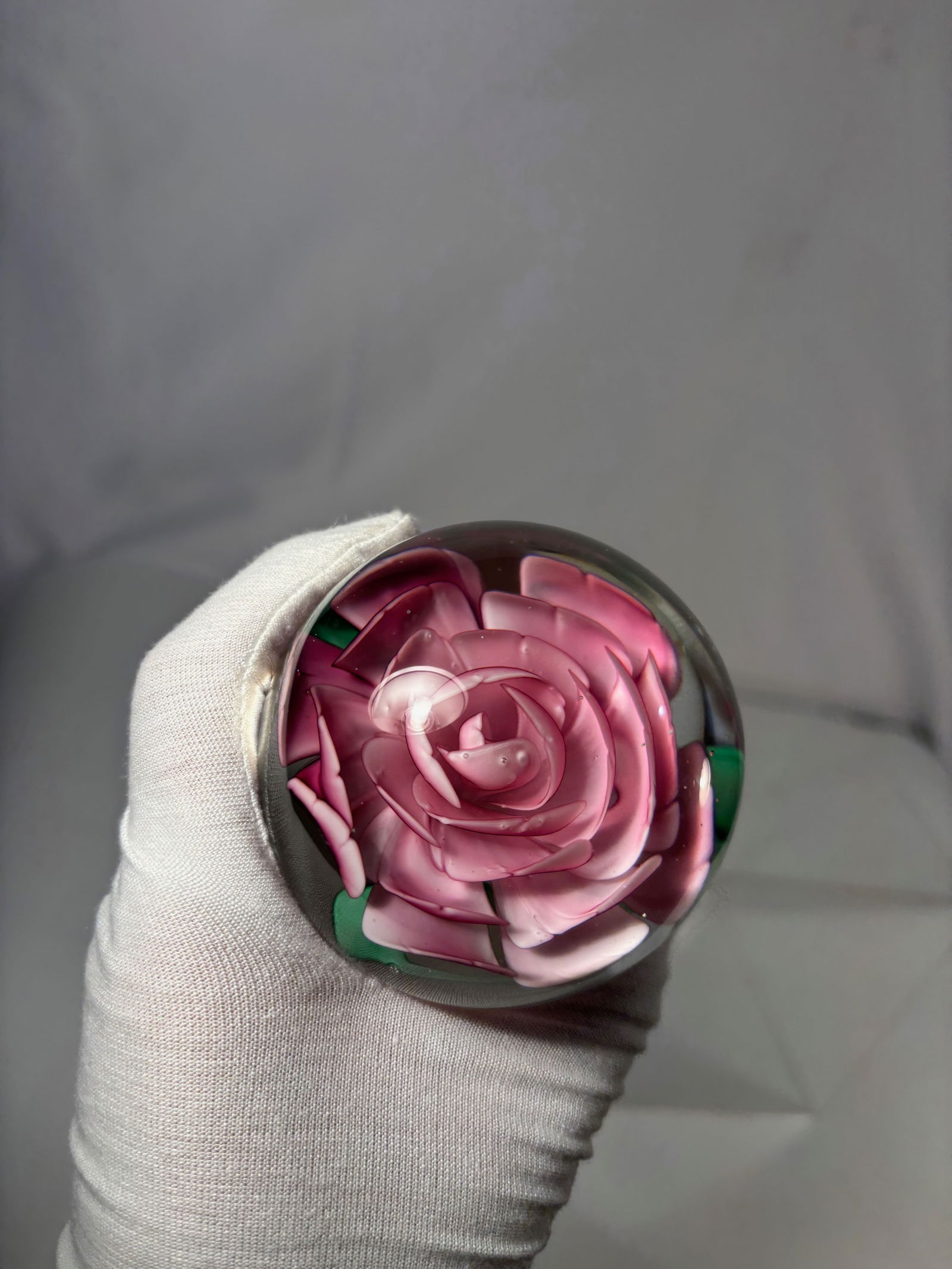 Art Glass Paperweight with Pink Rose Floral Motif - 9