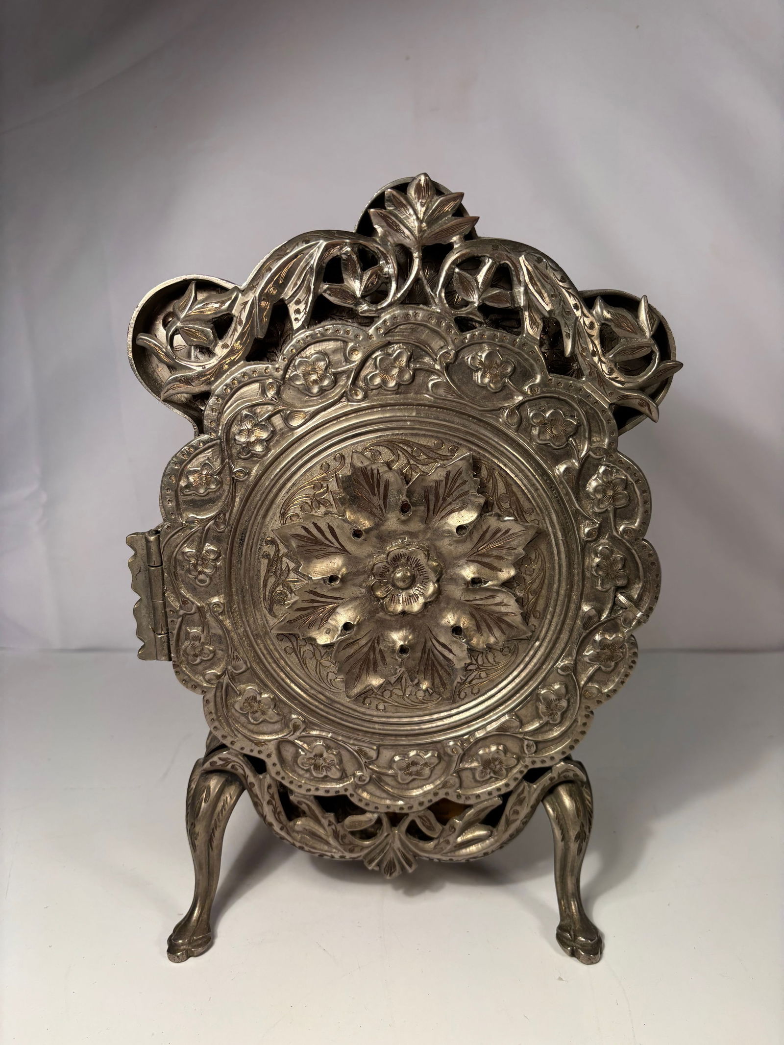 A Swiss Musical Jewelry Box, “Tales of Hoffmann (Barcarolle),?? Mid-20th Century: Swiss musical jewelry box with ornate rococo-style cast metal case raised on cabriole legs, opening to a velvet-lined interior housing a Swiss cylinder movement playing “Tales of Hoffmann