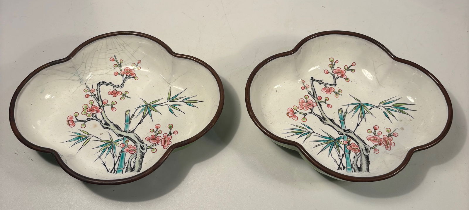 Pair of Chinese Copper Enamel Lobed Dishes with Polychrome Decoration (1 of 6)