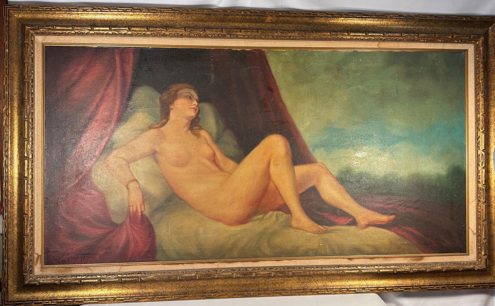 Large Signed Reclining Nude Oil Painting, 20th Century, European School, 32 x 56 in.: Large oil on canvas depicting a reclining nude woman in a classical academic style, rendered with soft modeling and rich draped background. The work is signed at lower left, though the signature is in