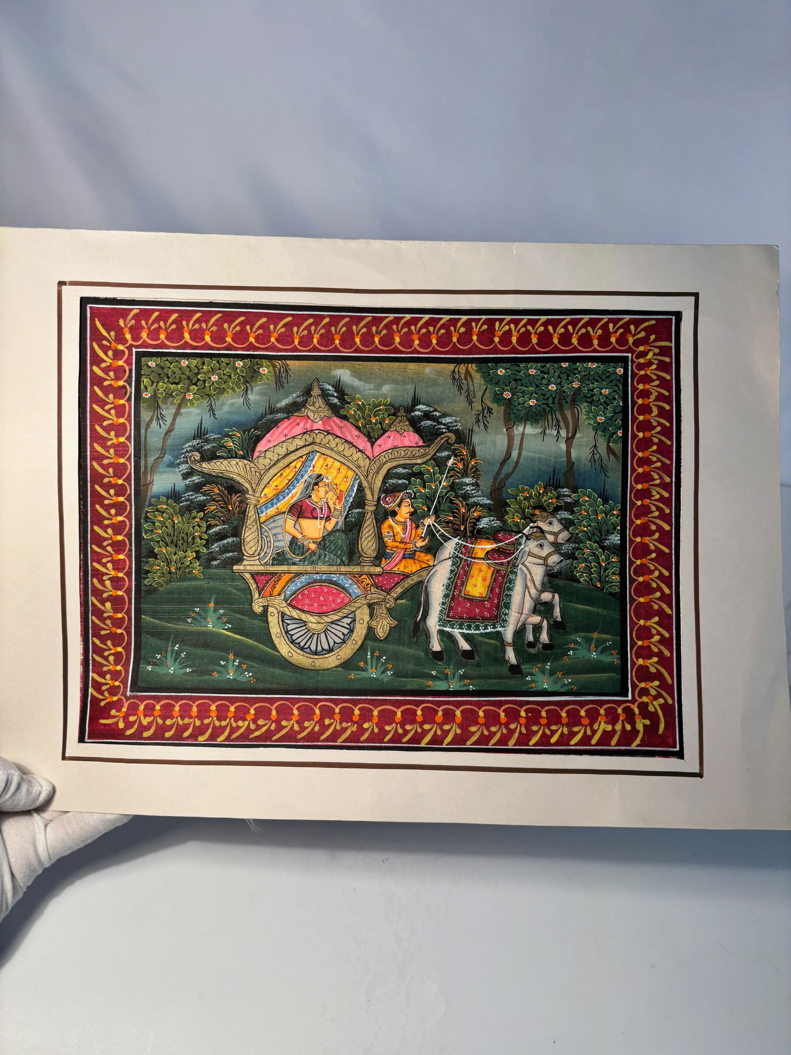 Indian Miniature Gouache on Paper, Noble Couple in Ox-Drawn Chariot (1 of 10)