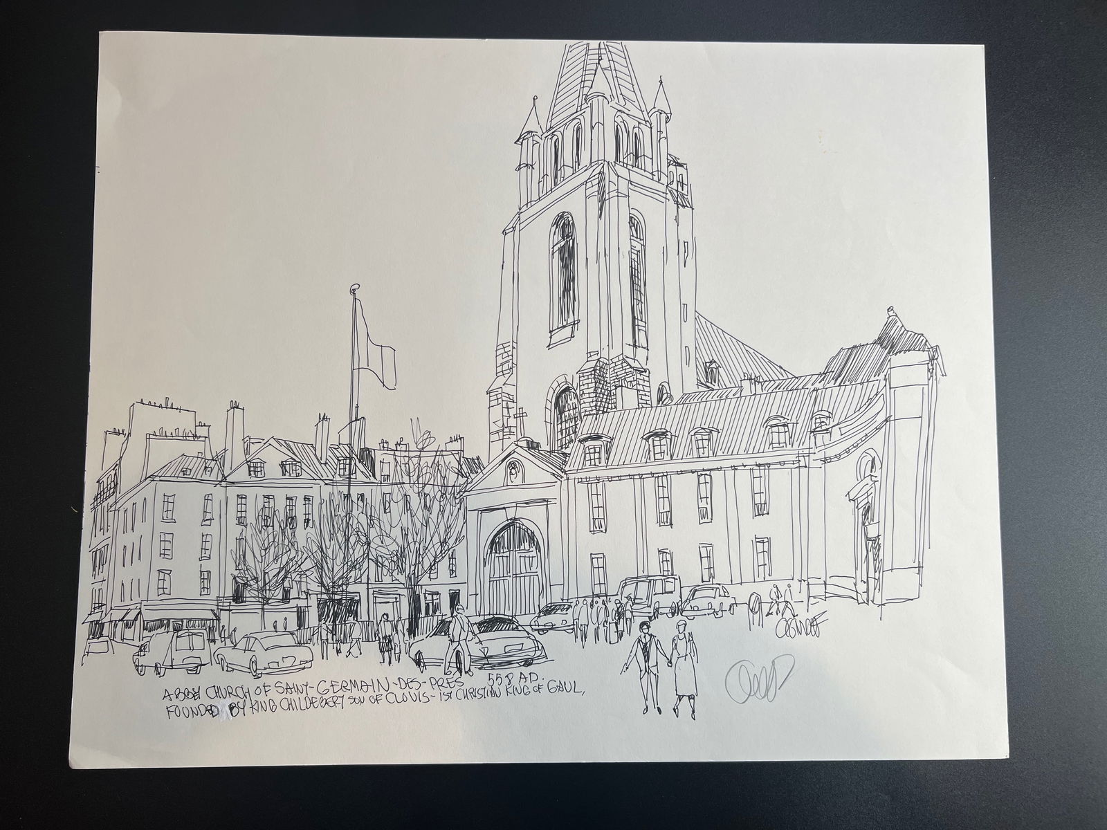Pen-and-ink architectural Sketch " Abbey Church of Saint-Germain-des-Prés,?? in Paris signed by (1 of 8)
