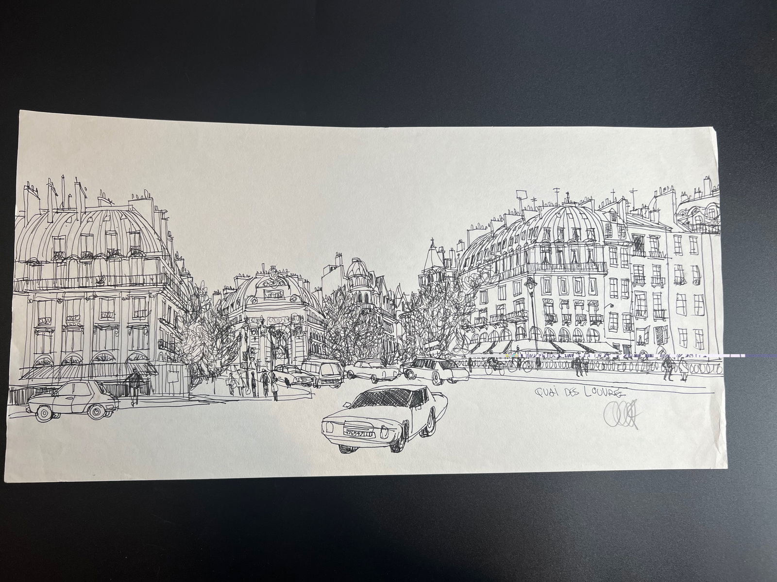 Pen-and-ink architectural Sketch “Quai des Louvre in Paris" signed by William Orlandorf (1 of 8)