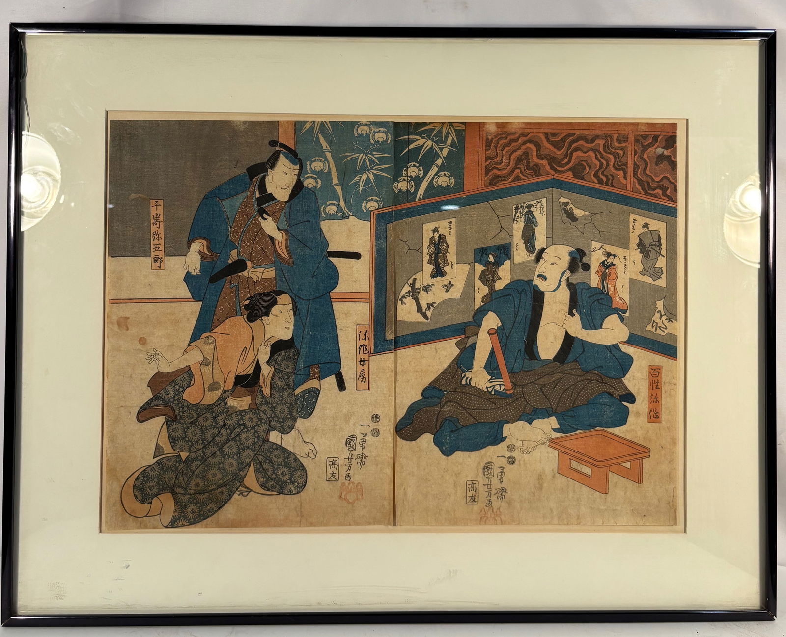 Utagawa Kuniyoshi (1797–1861), Kabuki Scene Diptych, Edo Period: A dramatic Edo-period diptych woodblock print by Utagawa Kuniyoshi (Ichiy?sai Kuniyoshi), depicting kabuki actors in an intense confrontation scene. The right panel shows a seated warrior figure with