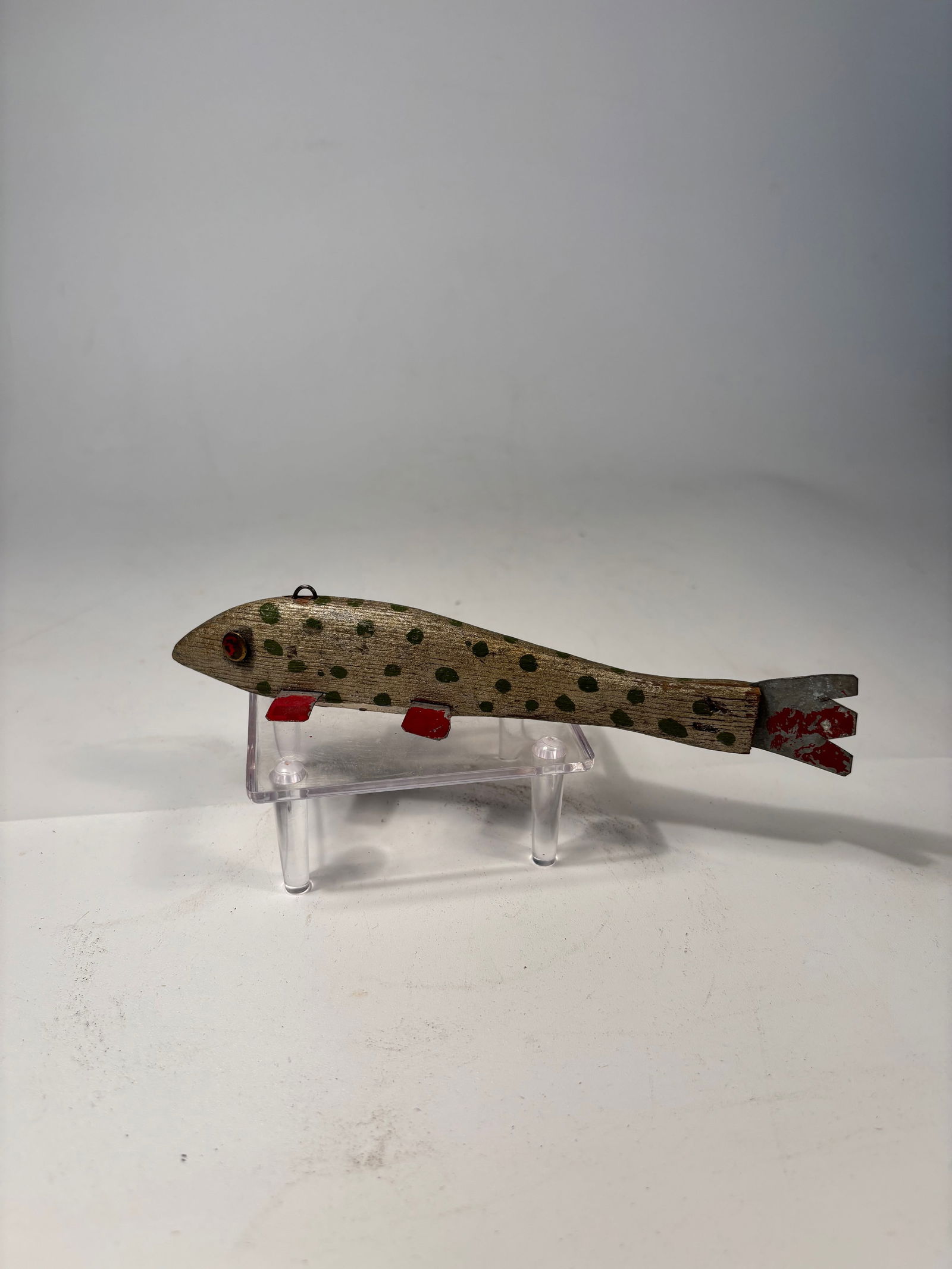 Weighted Vintage Wooden Ice Fishing Spearing Decoy with Metal Tail & Painted Spots (1 of 9)