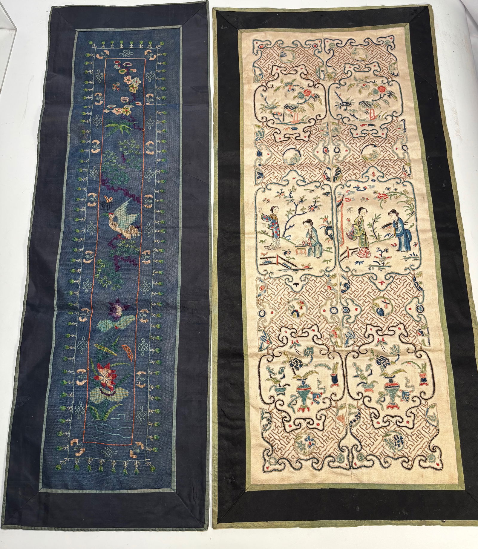 Two Chinese Late Qing Dynasty Silk Embroidered Panels, Figural and Floral Designs, 19th century (1 of 8)