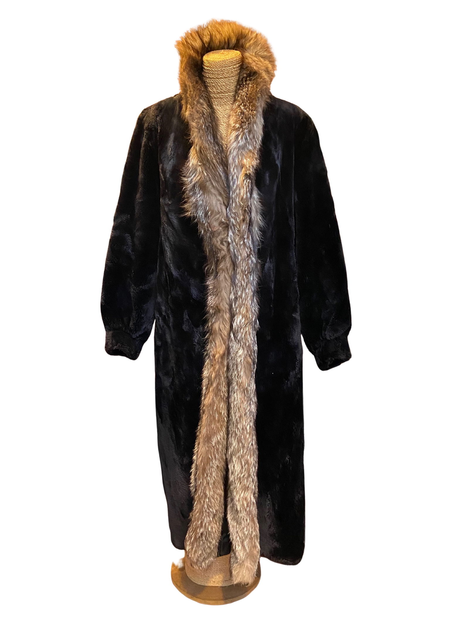 EVANS New Yorker Full Length Sheared Black Mink Fur Coat with Fox Trim (1 of 6)