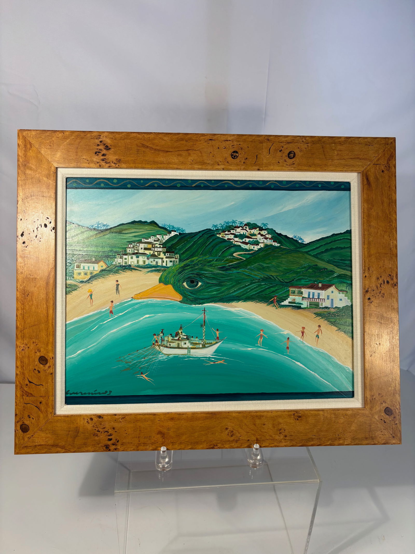 Surrealist Mediterranean Seascape, Oil on Panel ,Signed and dated: A signed and dated oil on panel painting , depicting a Mediterranean fishing village with beachgoers and fishermen. The central green mountain is cleverly rendered in the form of a giant bird’s