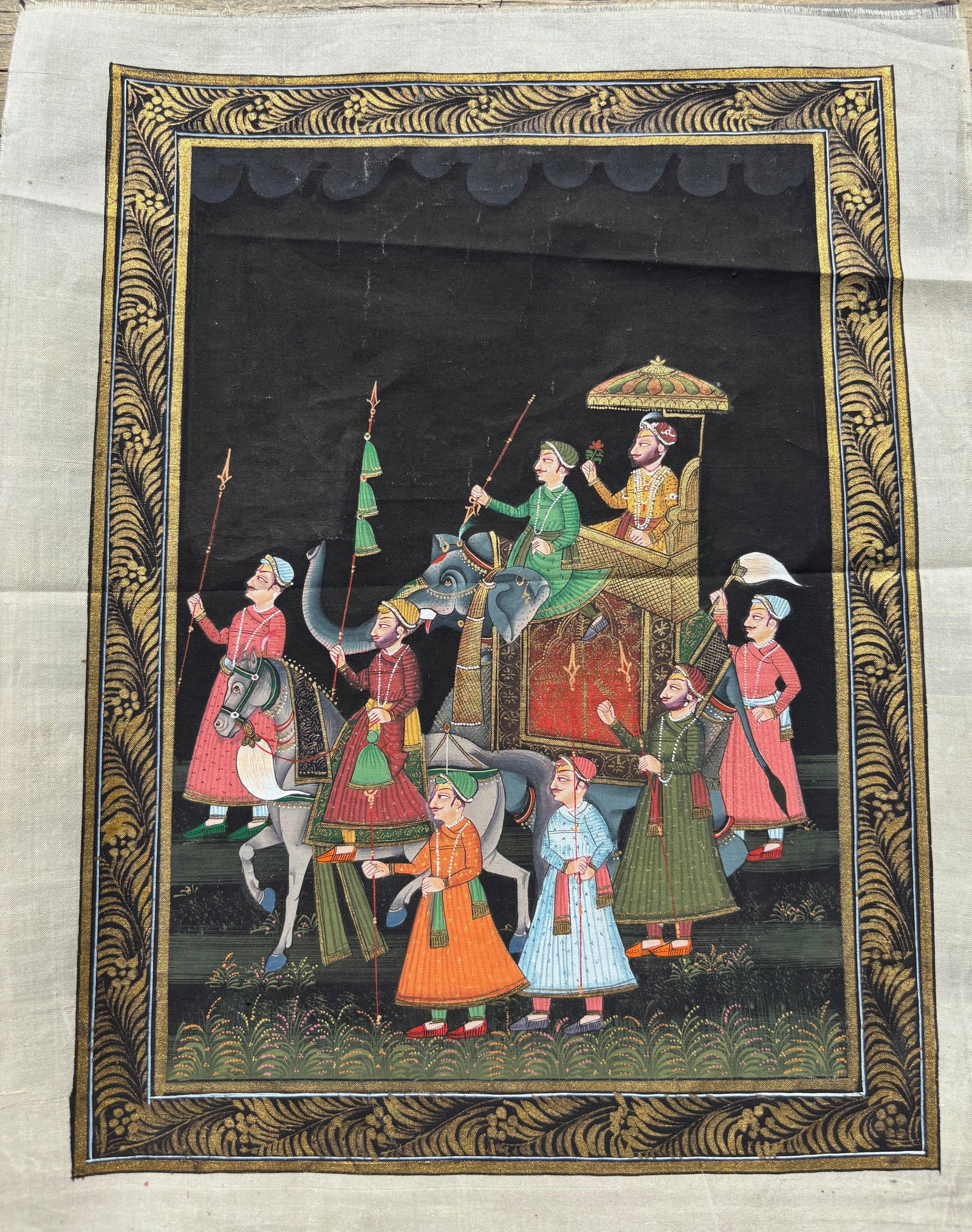 Hand-Painted Indian Miniature on Silk – Mughal Royal Procession with Elephant and Horseback (1 of 8)