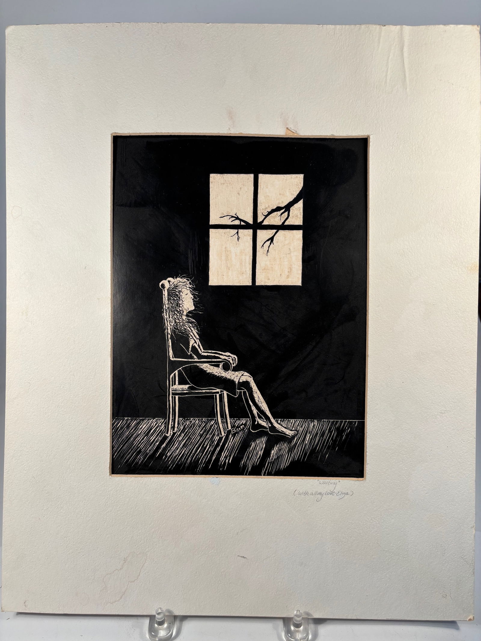 "Waiting?? – Figurative Scratchboard or Linocut Print, Signed “Eliza: A powerful and atmospheric black-and-white print titled “Waiting”, featuring a solitary female figure seated in a wooden chair beneath a window. Stark light from the window illuminates the int