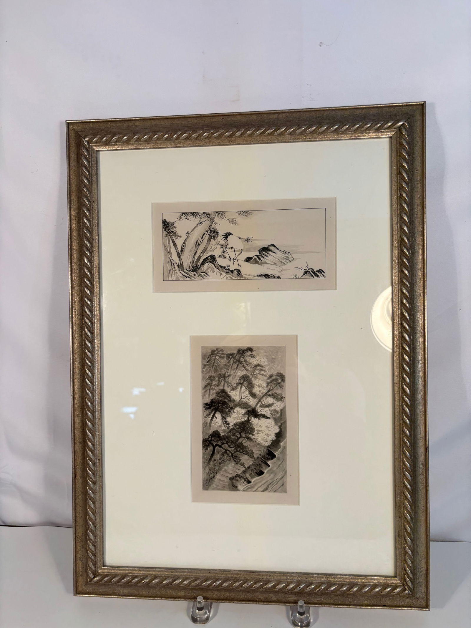 Pair of Ink Landscape Scenes, Cranes and Pines, Framed Together (1 of 8)