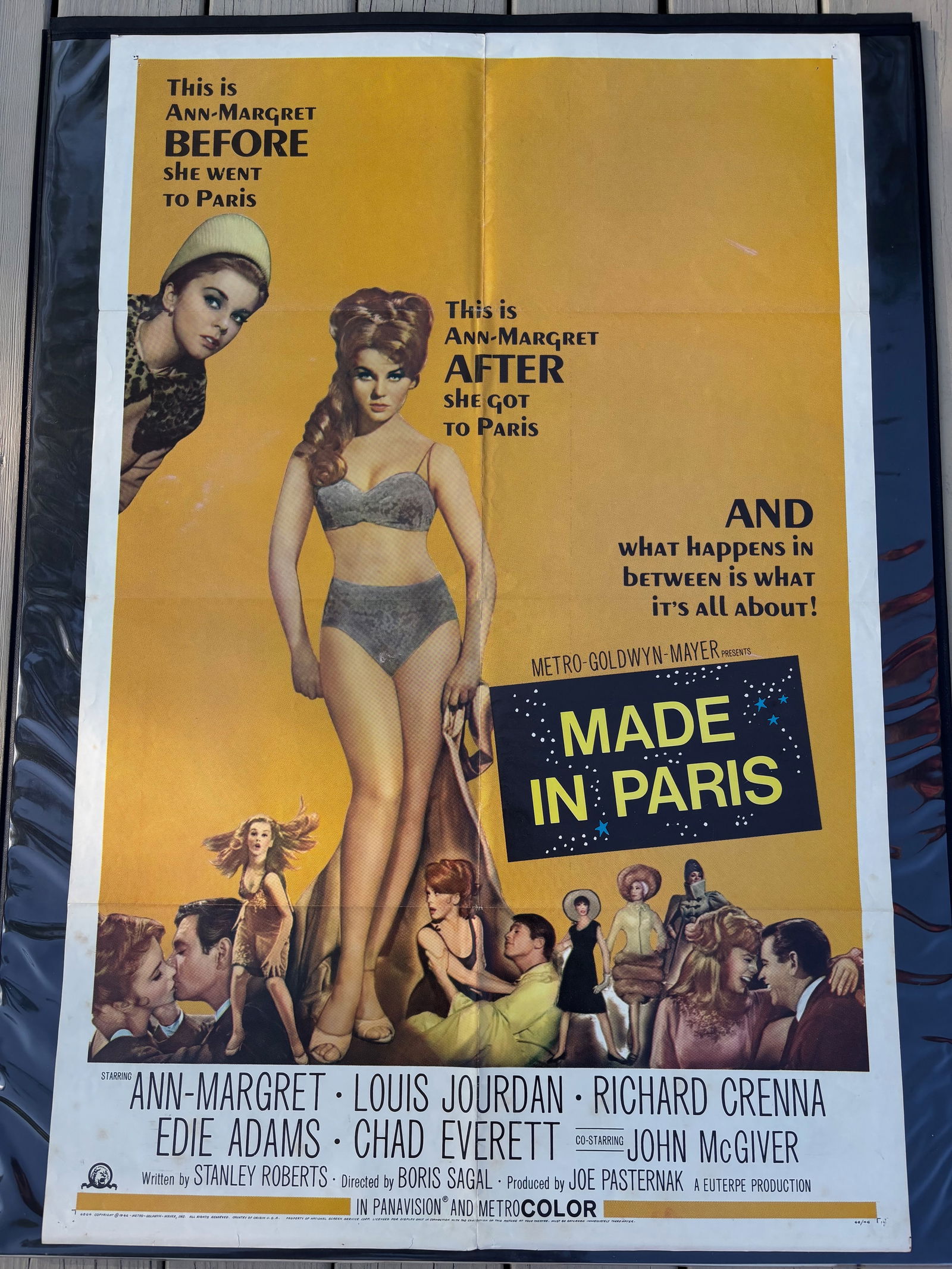 Made in Paris?? (MGM, 1966) Original U.S. One-Sheet Movie Poster, SH 66/46 — Signed by: An original 1966 first-release U.S. one-sheet poster (27” x 41”) for Made in Paris, the stylish romantic comedy starring Ann-Margret, Louis Jourdan, and Richard Crenna. This Metro-Goldwyn-