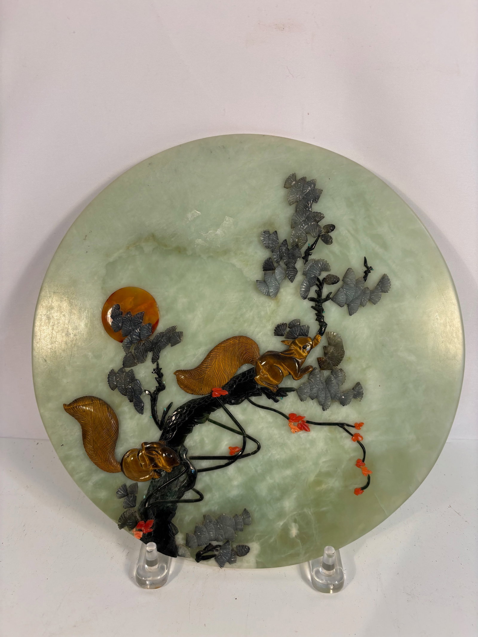 A Chinese Jade Plaque Inlaid with Coral, Agate, and Tiger’s Eye (1 of 8)