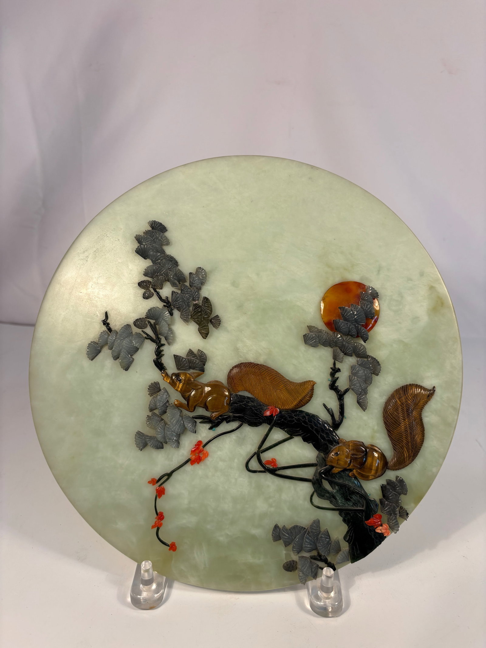 A Chinese Jade Plaque Inlaid with Coral, Agate, and Tiger’s Eye (1 of 10)