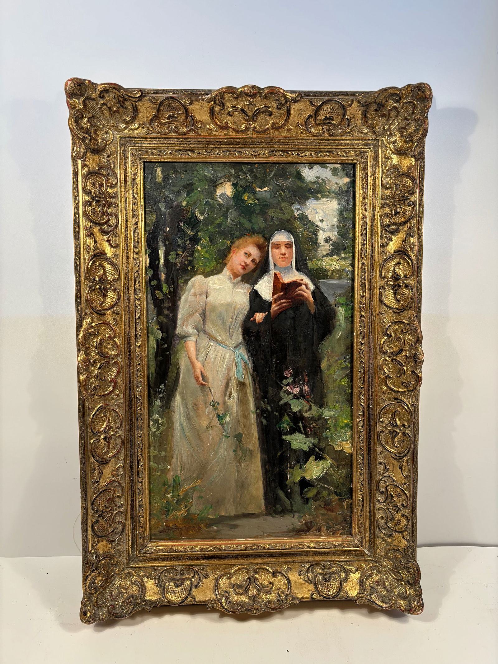 Oil painting on board "The Nun and the Youg Lady" Unknown artist (1 of 15)