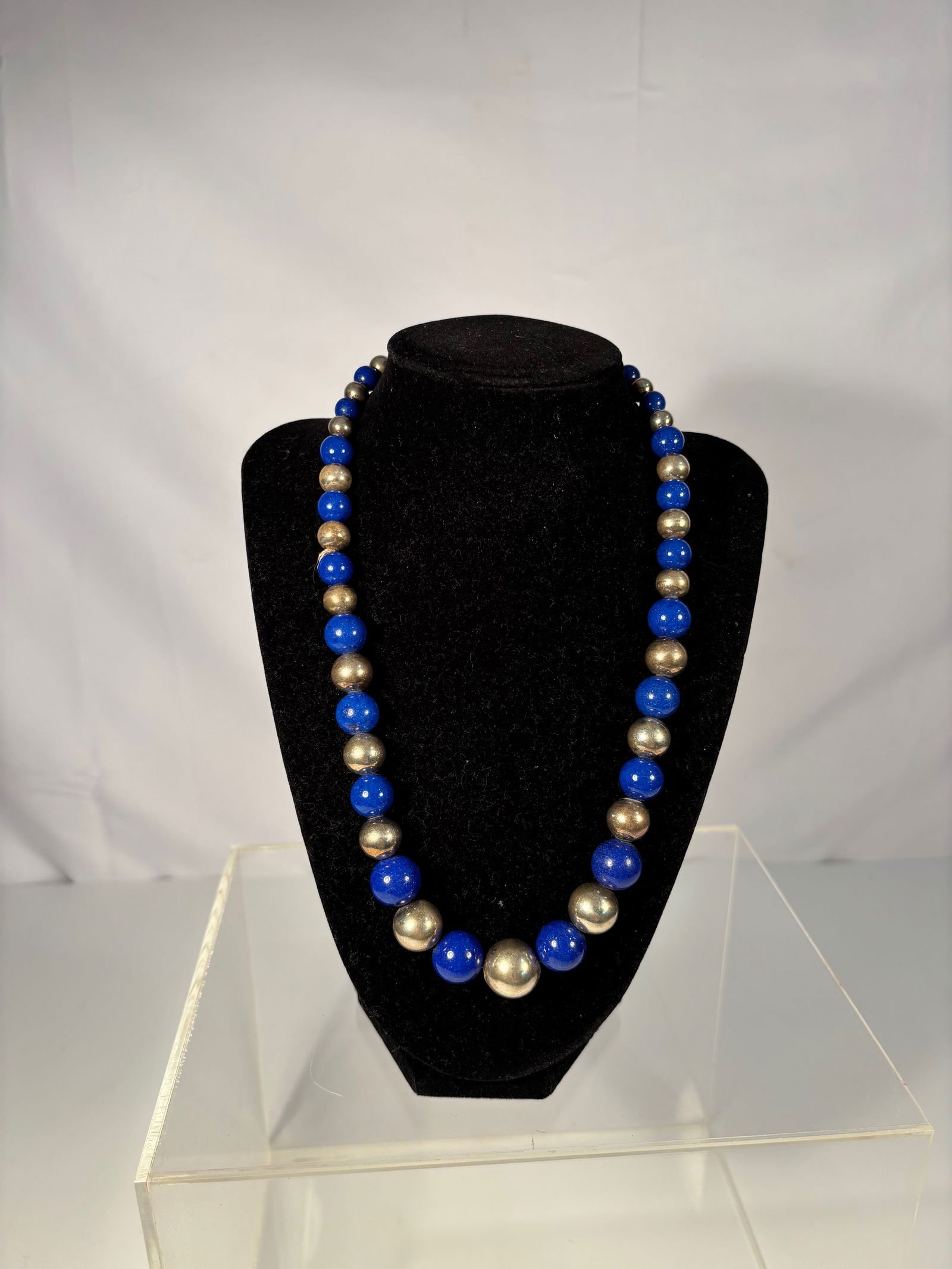 Vintage Lapis Lazuli and silver Bead Necklace, 19 inches (1 of 6)