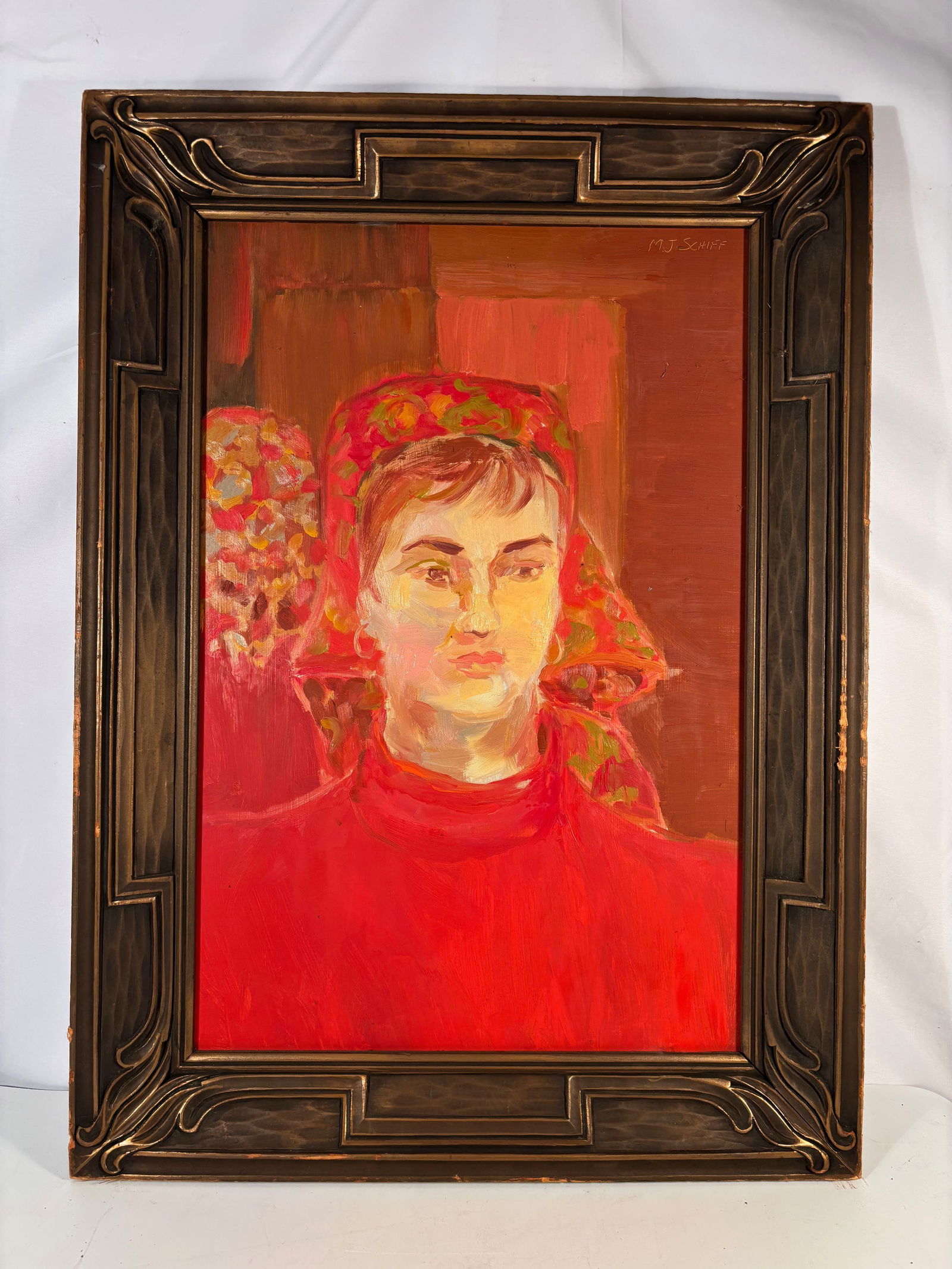 Molly J. Schiff (1927–2018, Chicago), Portrait of a Woman in Red, oil on board, Signed. (1 of 13)