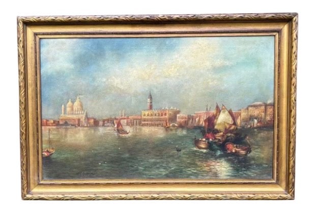 George Frank Bobholz (Wisconsin, 1904-1957), Venetian Harbor Scene, Signed Oil on Canvas: George Frank Bobholz captures a bustling view of Venice’s Grand Canal, featuring gondolas and sailing vessels gliding past the iconic domes and Renaissance facades of the city. Painted in a romantic