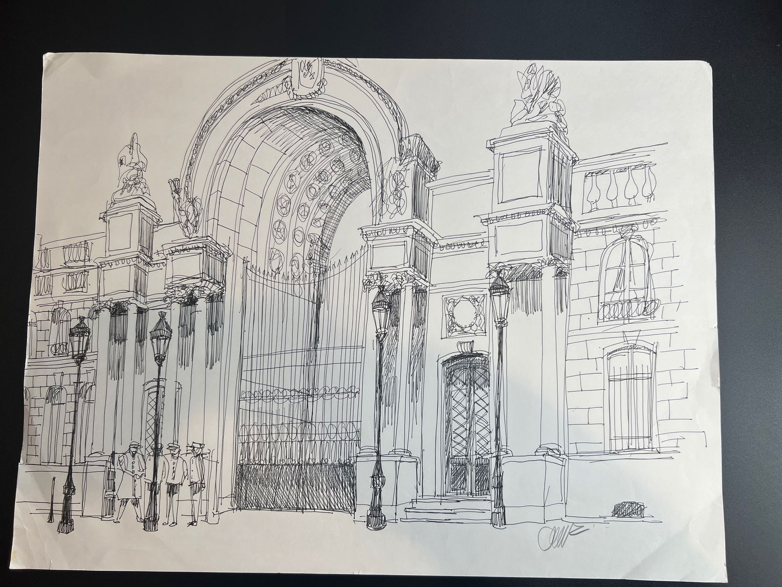 Pen-and-ink architectural Sketch " Palace of President " in Paris signed by William Orlandorf: William Orlandorf (American, 1924-1996), was a lifelong Chicago resident and world recognized artist sketched and painted Chicago and the cities of Europe for over 30 years. Bill's style is neo-impres