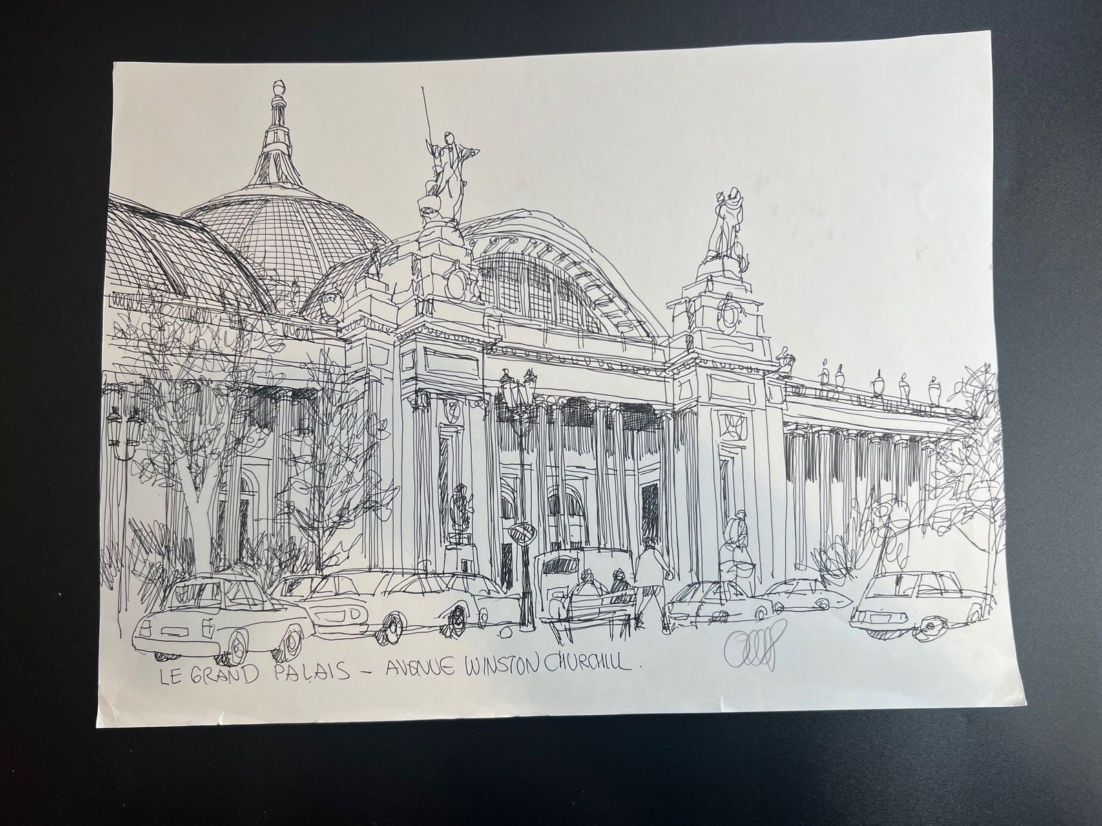 Pen-and-ink architectural Sketch “Le Grand Palais in Paris " signed by William Orlandorf: William Orlandorf (American, 1924-1996), was a lifelong Chicago resident and world recognized artist sketched and painted Chicago and the cities of Europe for over 30 years. Bill's style is neo-impres