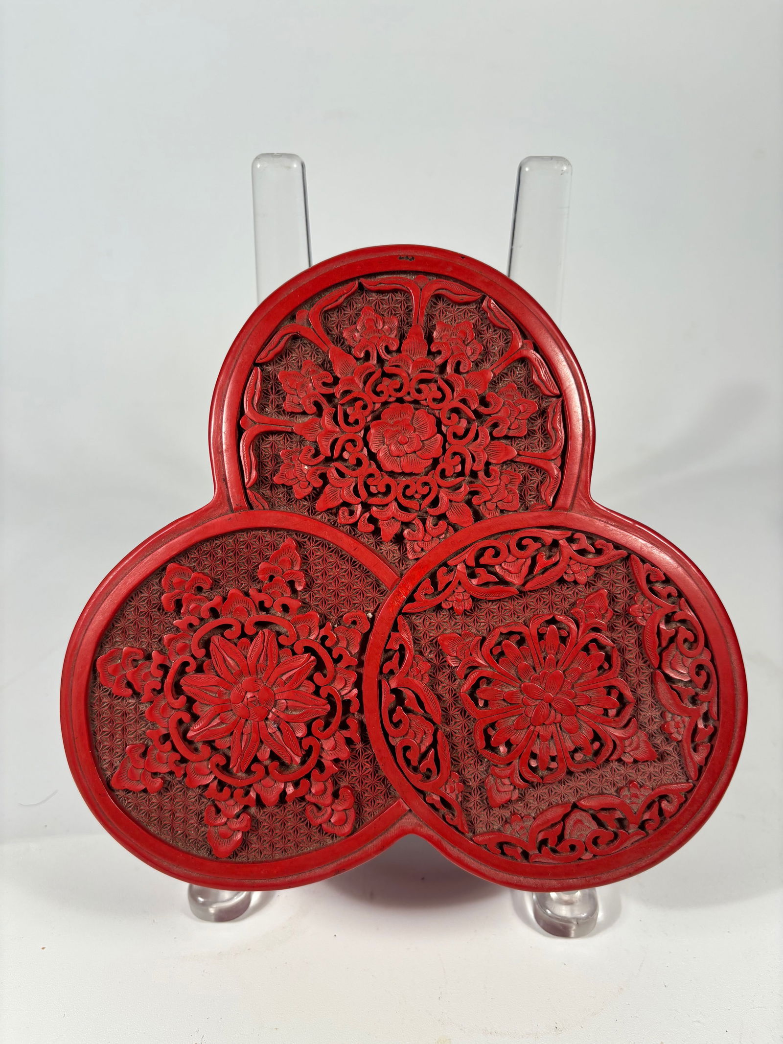 A Chinese Carved Cinnabar Lacquer Double-Lobed Box with Floral Medallions (1 of 4)
