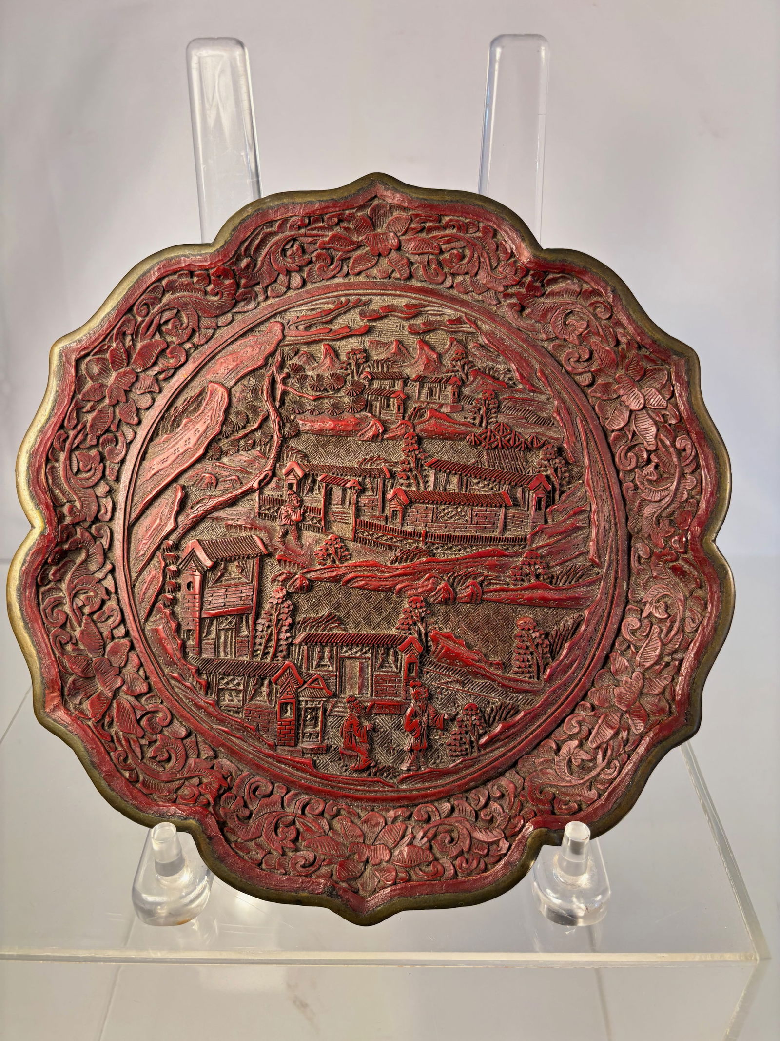 A Chinese Carved Cinnabar Lacquer Dish with Landscape and Figures (1 of 6)