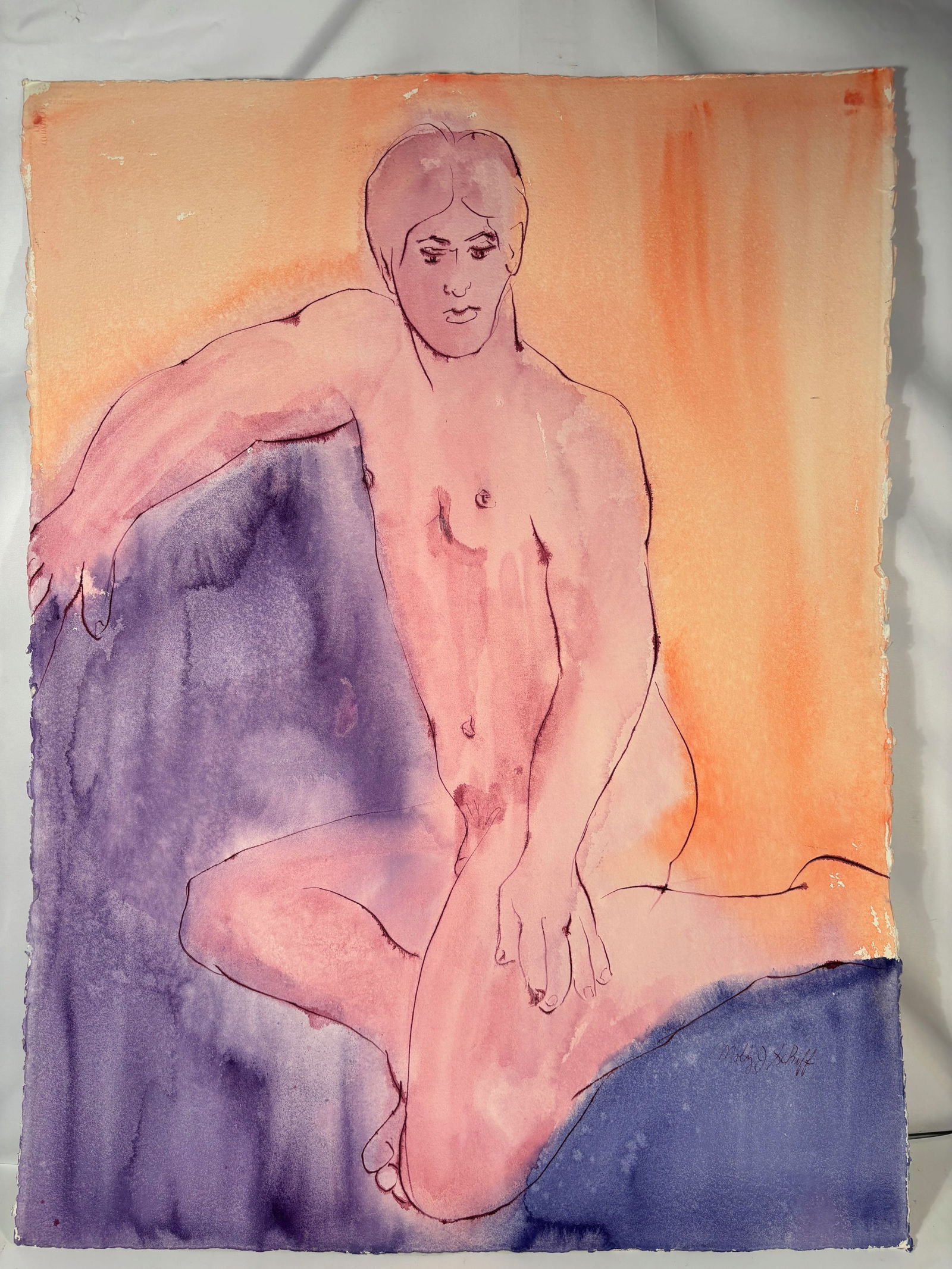 Molly J. Schiff (1927–2018), Seated Male Nude (Figure Study): Watercolor and ink figure study on paper depicting a seated male nude in a relaxed, contemplative pose. The figure is outlined with confident black line and softly modeled with washes of pink, violet,