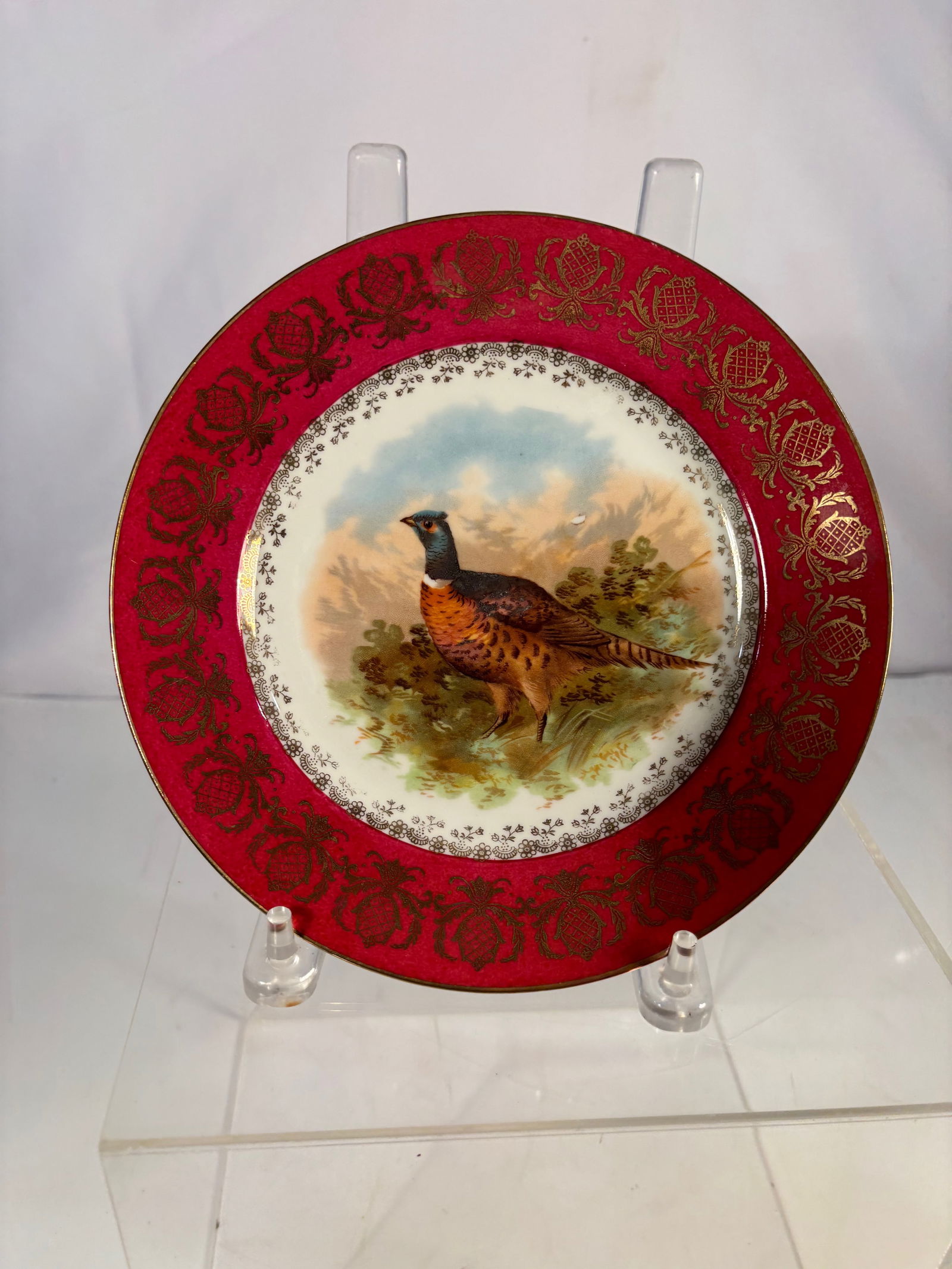 An Austrian Porcelain Cabinet Plate with Hand-Painted Game Bird: Austrian porcelain cabinet plate, late 19th to early 20th century, decorated with a finely hand-painted game bird within a landscape setting. The wide red ground border is richly embellished with gilt