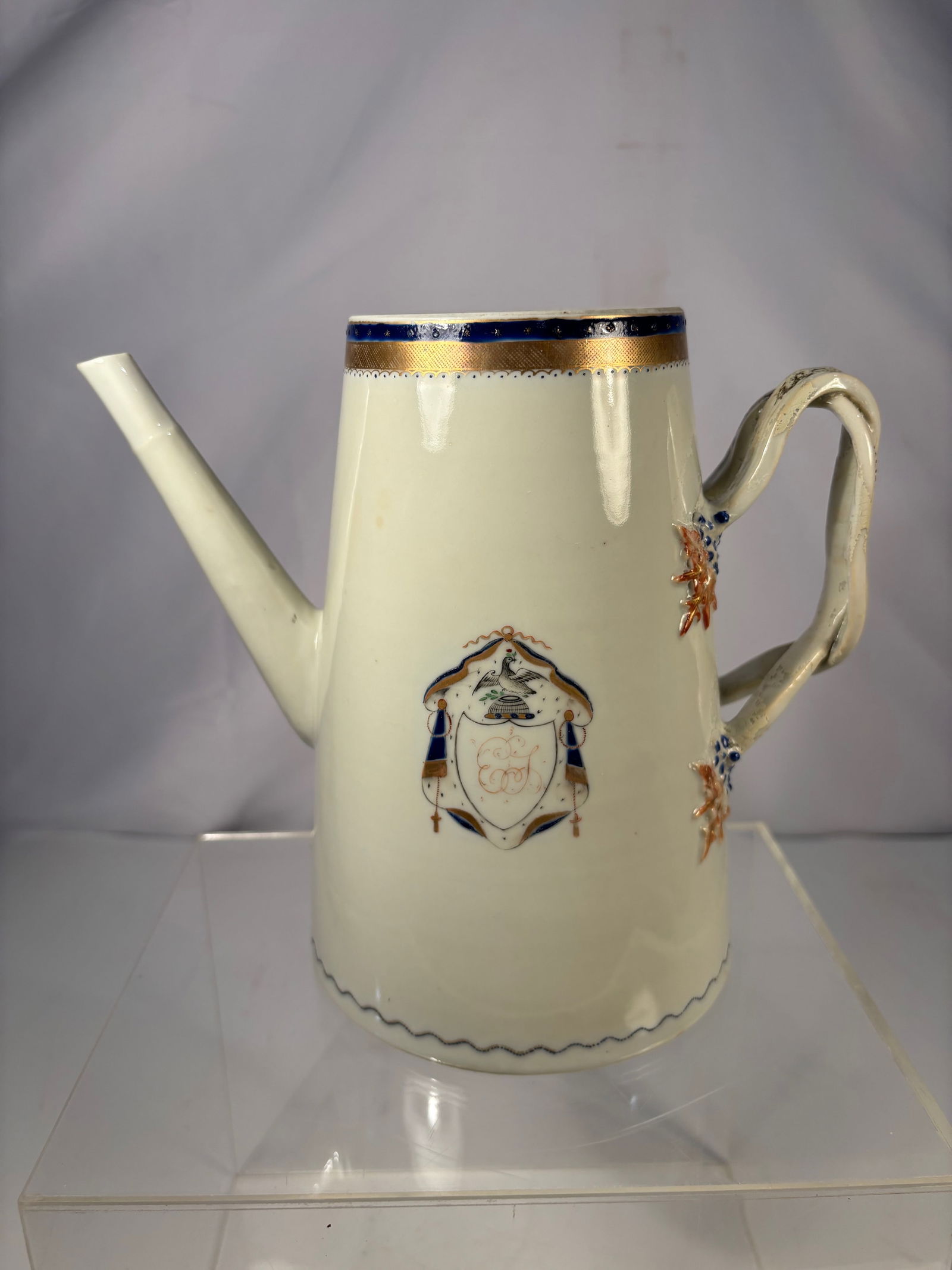 A Chinese Export Porcelain Armorial Coffee Pot with Applied Enamel Decoration, Qianlong Period (18th (1 of 9)