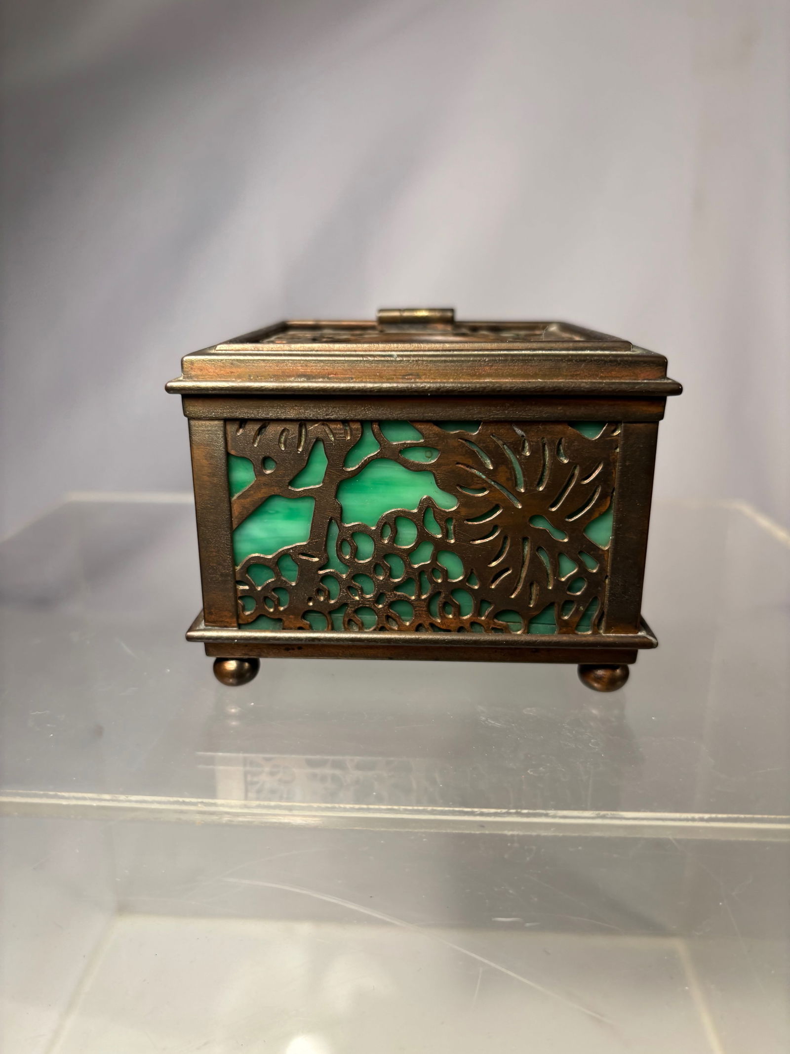 A Tiffany Studios New York Gilt Bronze Pierced Desk Box with Green Favrile Glass, No. 845 (1 of 10)