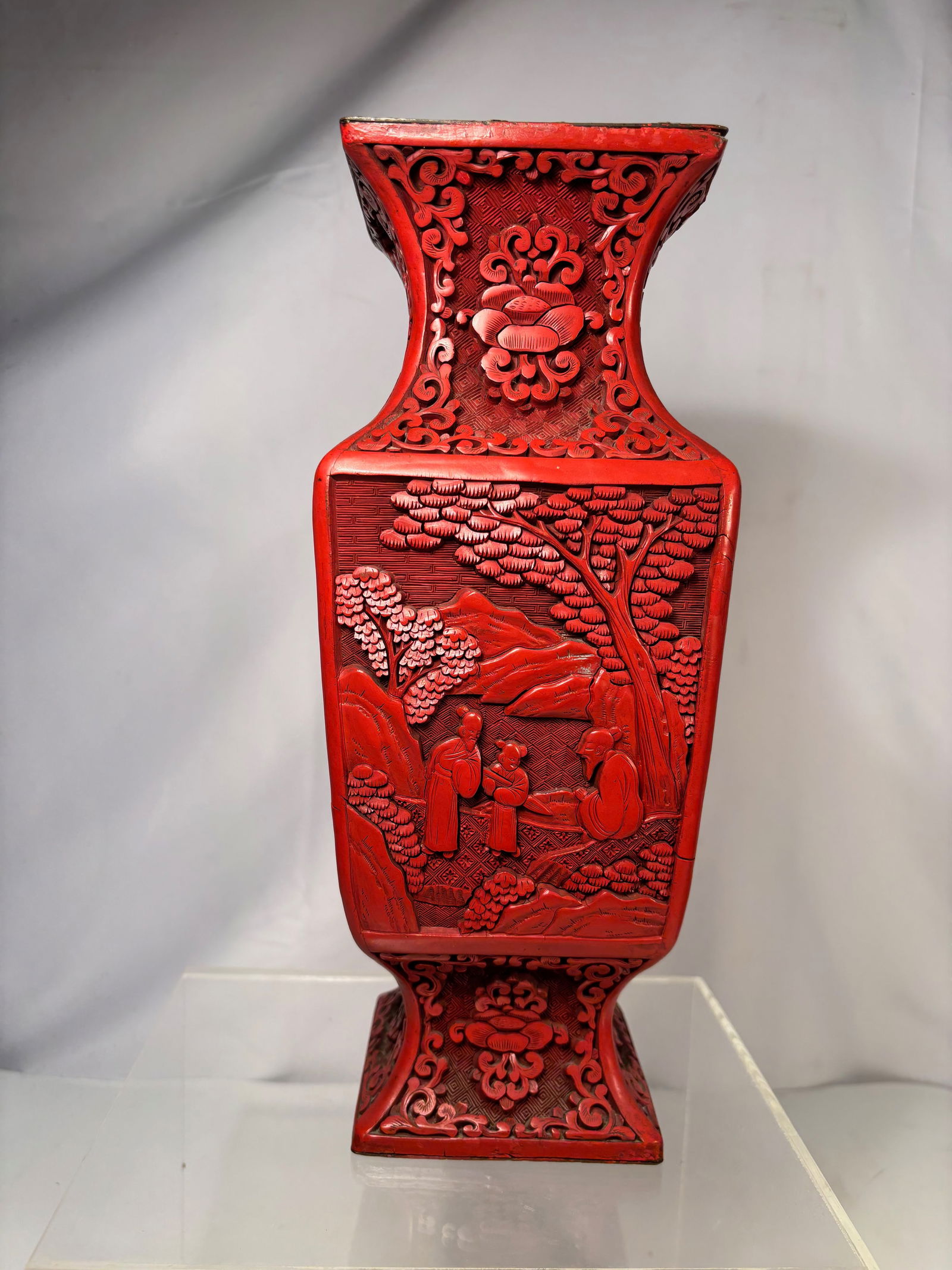 A Chinese Carved Red Lacquer Vase with Scholar Landscape Scene (1 of 13)