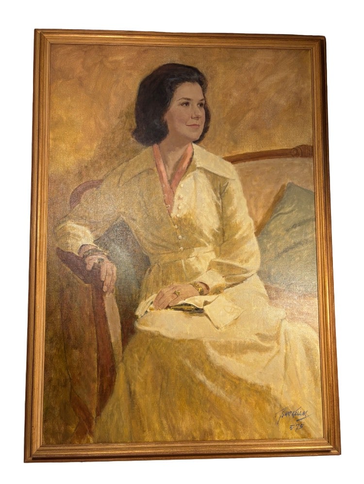 Portrait of Stephena Verdet Cook, Oil On Canvas by L. Buckham ( London, England, circa 1970s): A finely executed portrait of Stephena Verdet Cook, painted in London in May 1975 by L. Buckham, a portrait artist active in Britain during the 1970s. Commissioned as a gift from the sitter’s mother