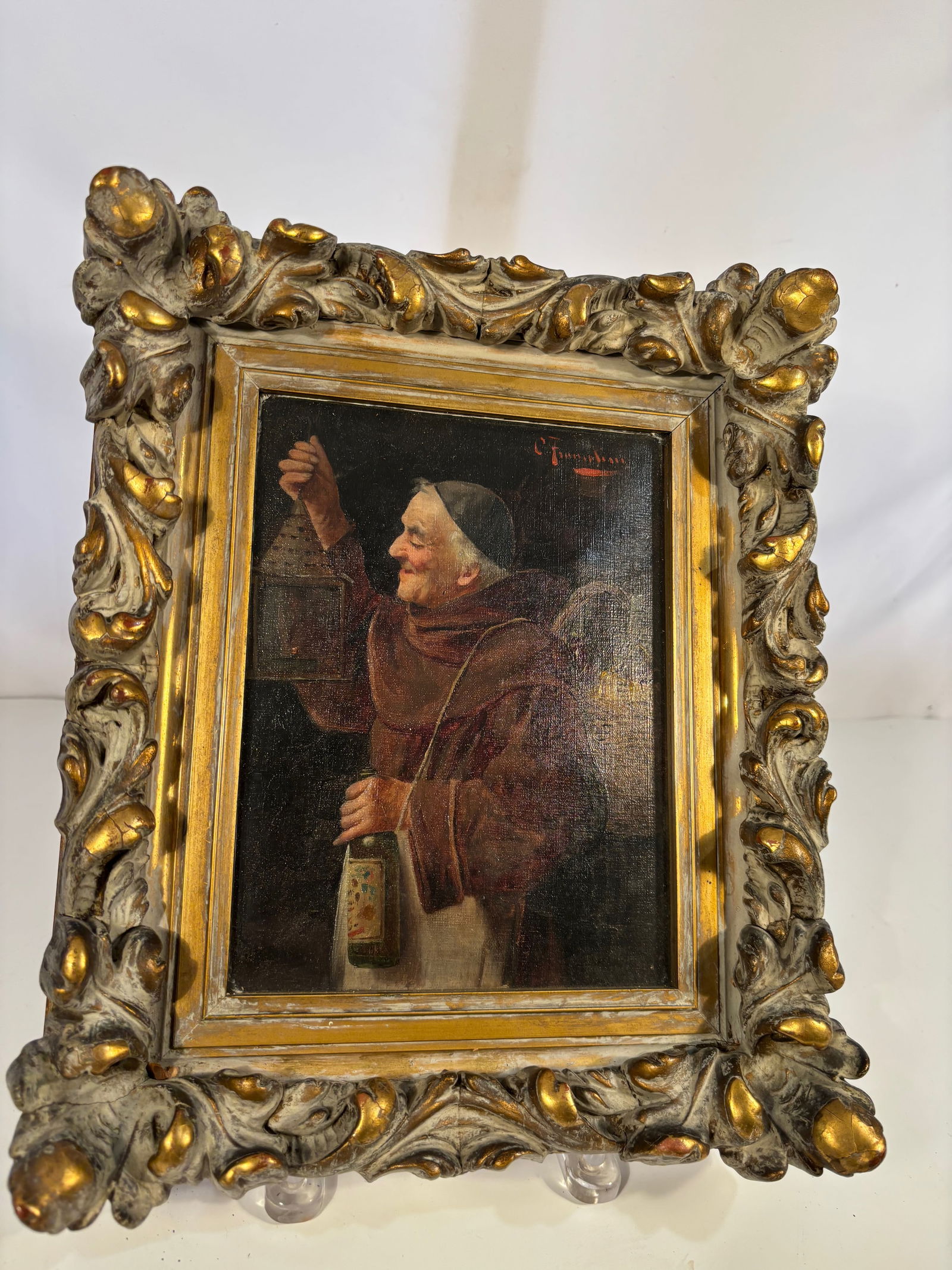 C. Francolini (Italian, 19th Century), Jovial Monk with Wine, Oil on Canvas: C. Francolini (Italian, 19th Century), Jovial Monk with Wine. Oil on canvas, signed upper right in red. The work depicts a smiling friar in a brown habit, raising a glass while carrying a wine jug,